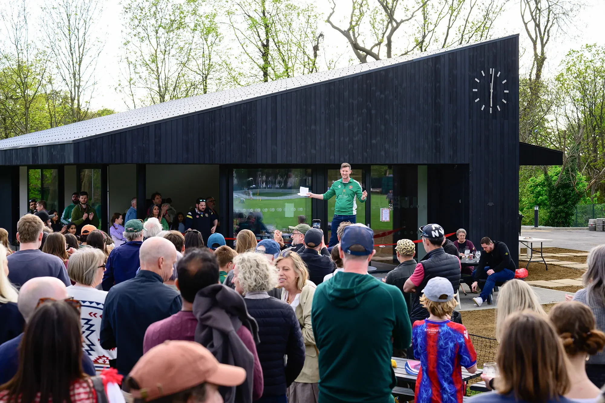 Opening day speeches and first game of cricket with the completed new pavilion © Streatham and Marlborough Cricket Club