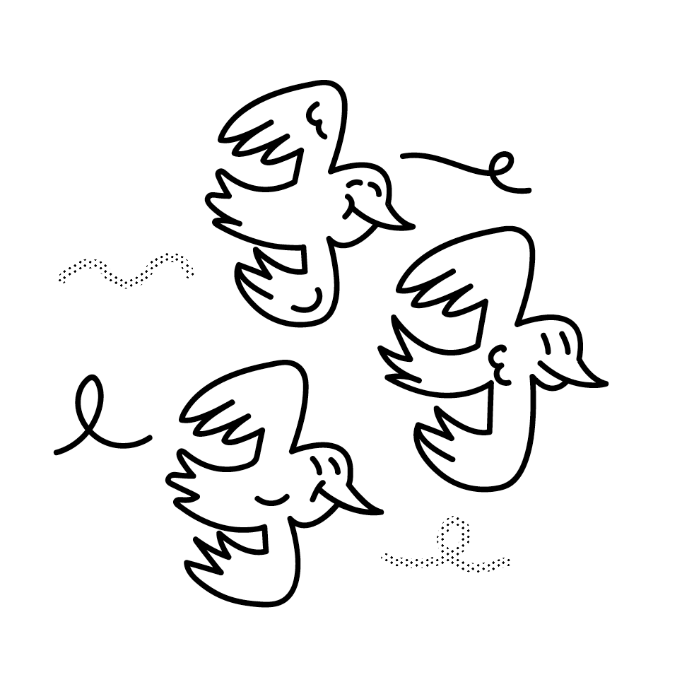 Illustration of values for architecture studio, three birds flying together in unision.