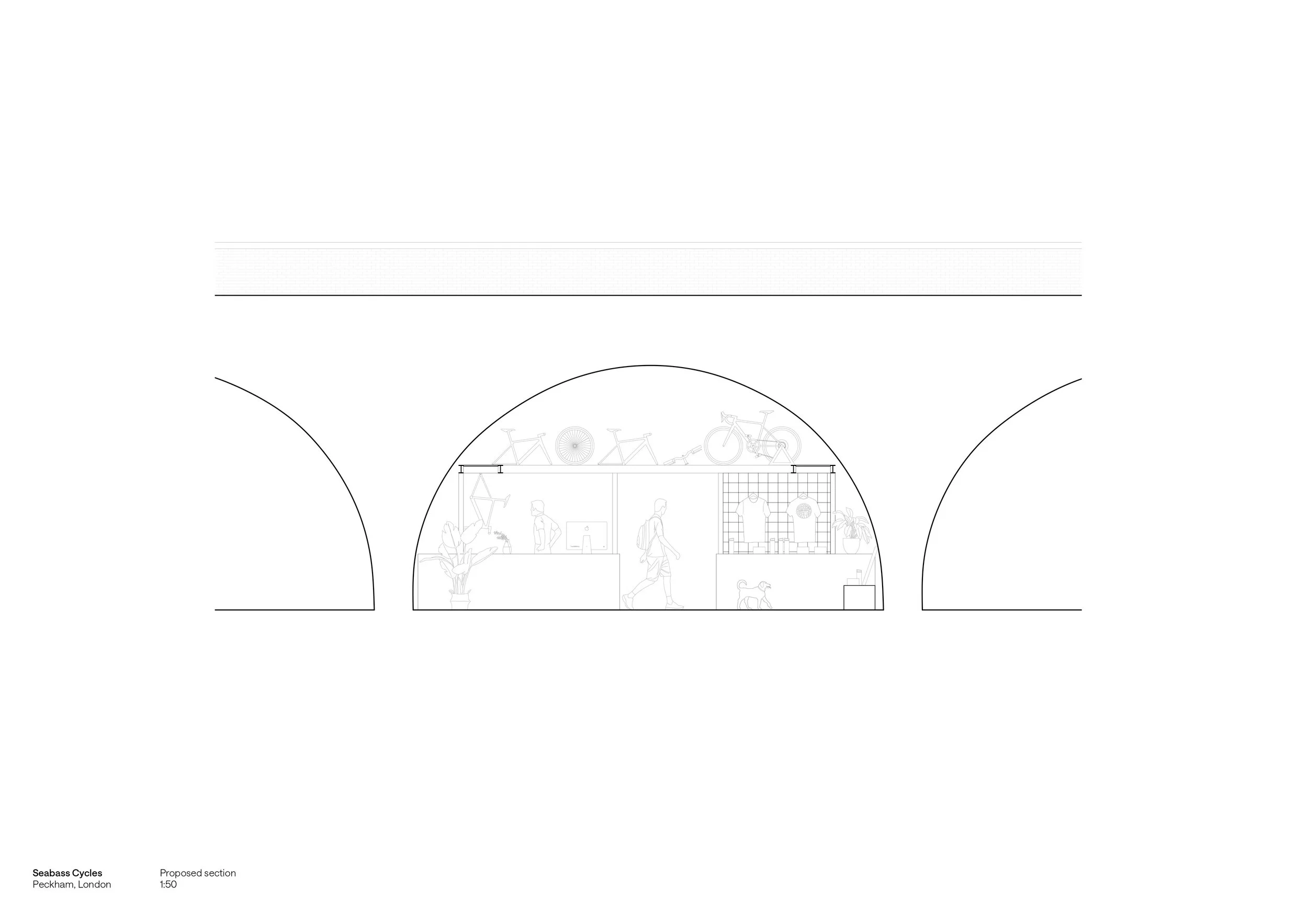 Architectural drawing of a proposed bicycle shop interior and exterior section showing bikes and workspace.