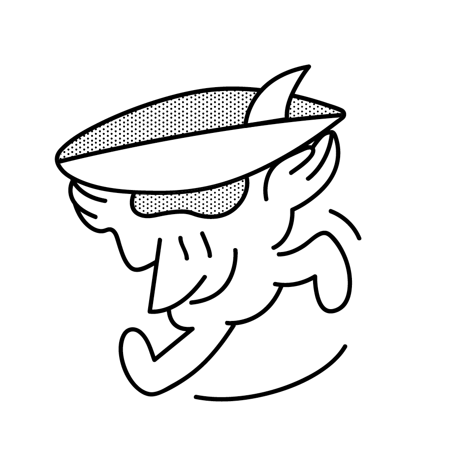 Illustration of values for architecture studio, cartoon person running towards the sea joyfully carrying a surf board.