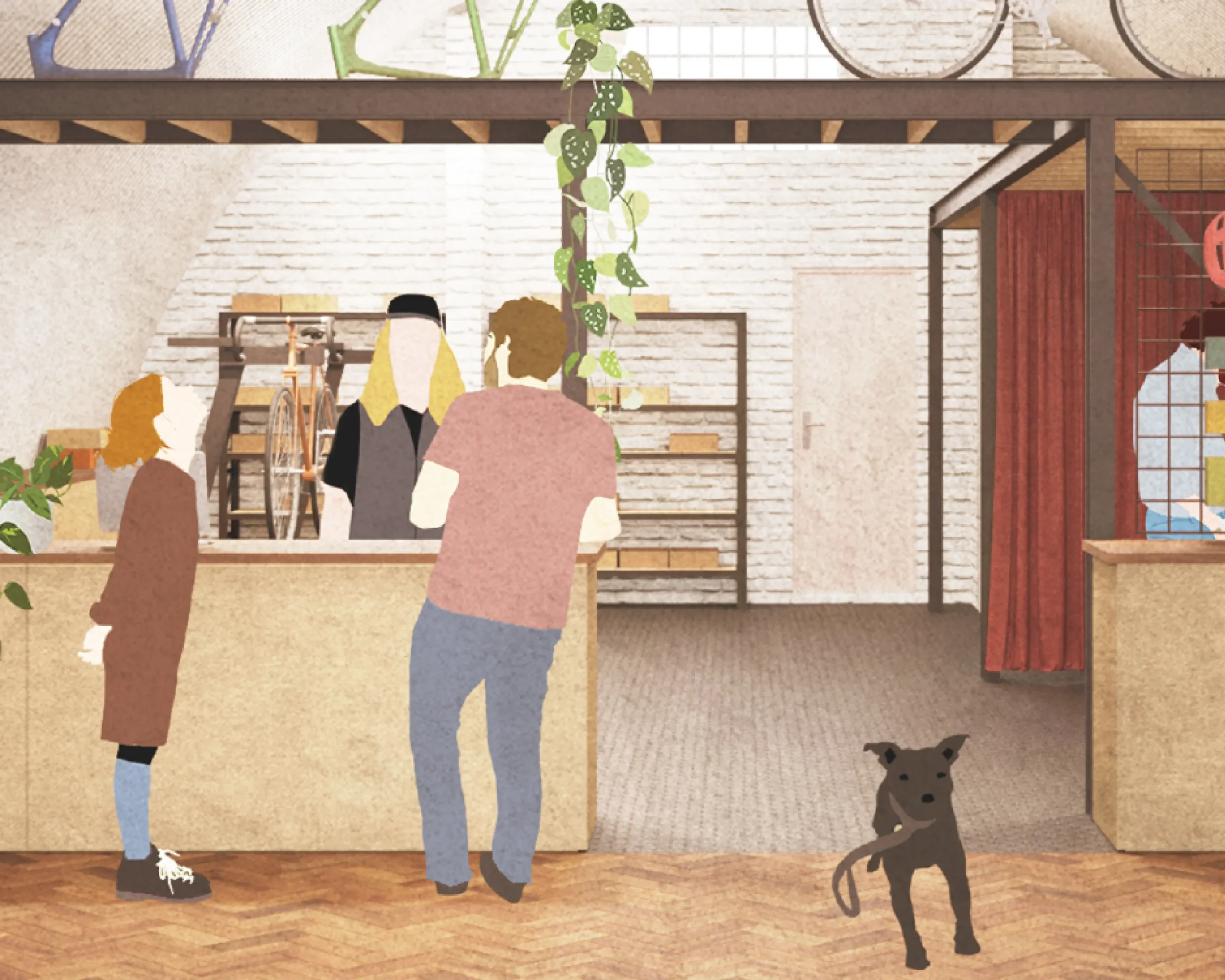 Dog running towards a customer in a bike shop - Andy Matthews Studio