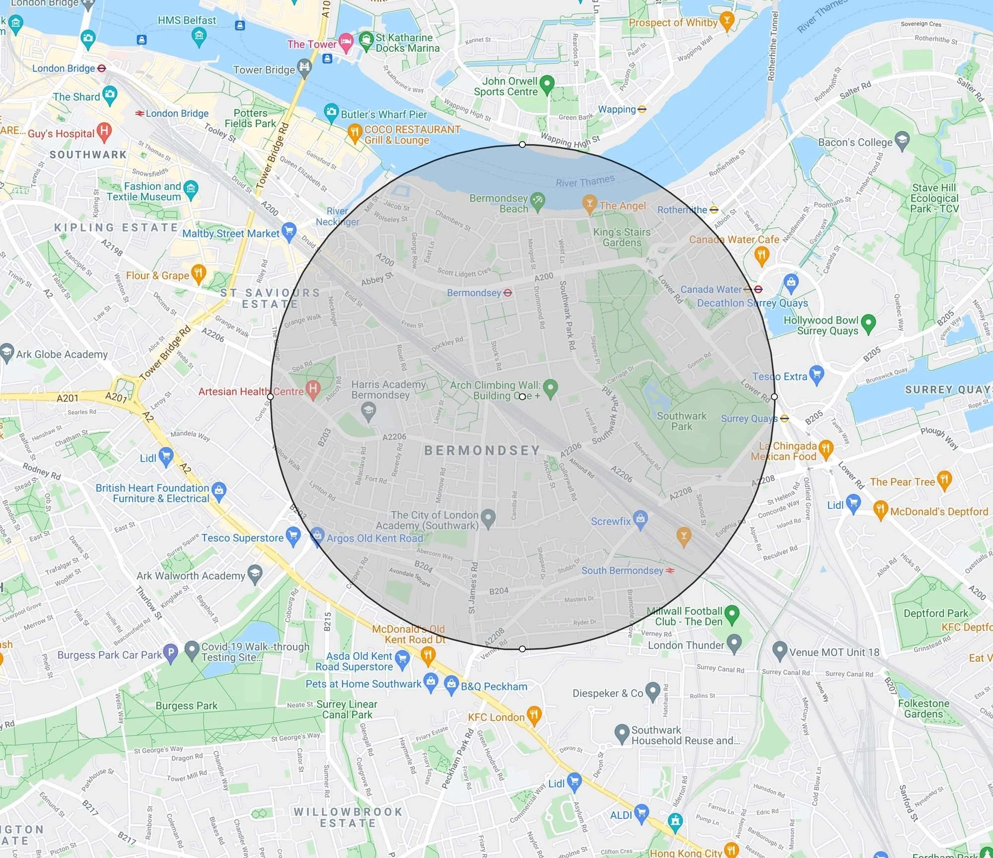 A Google Map view with a 1 km radius circle plotted on it covering Bermondsey and SE London.