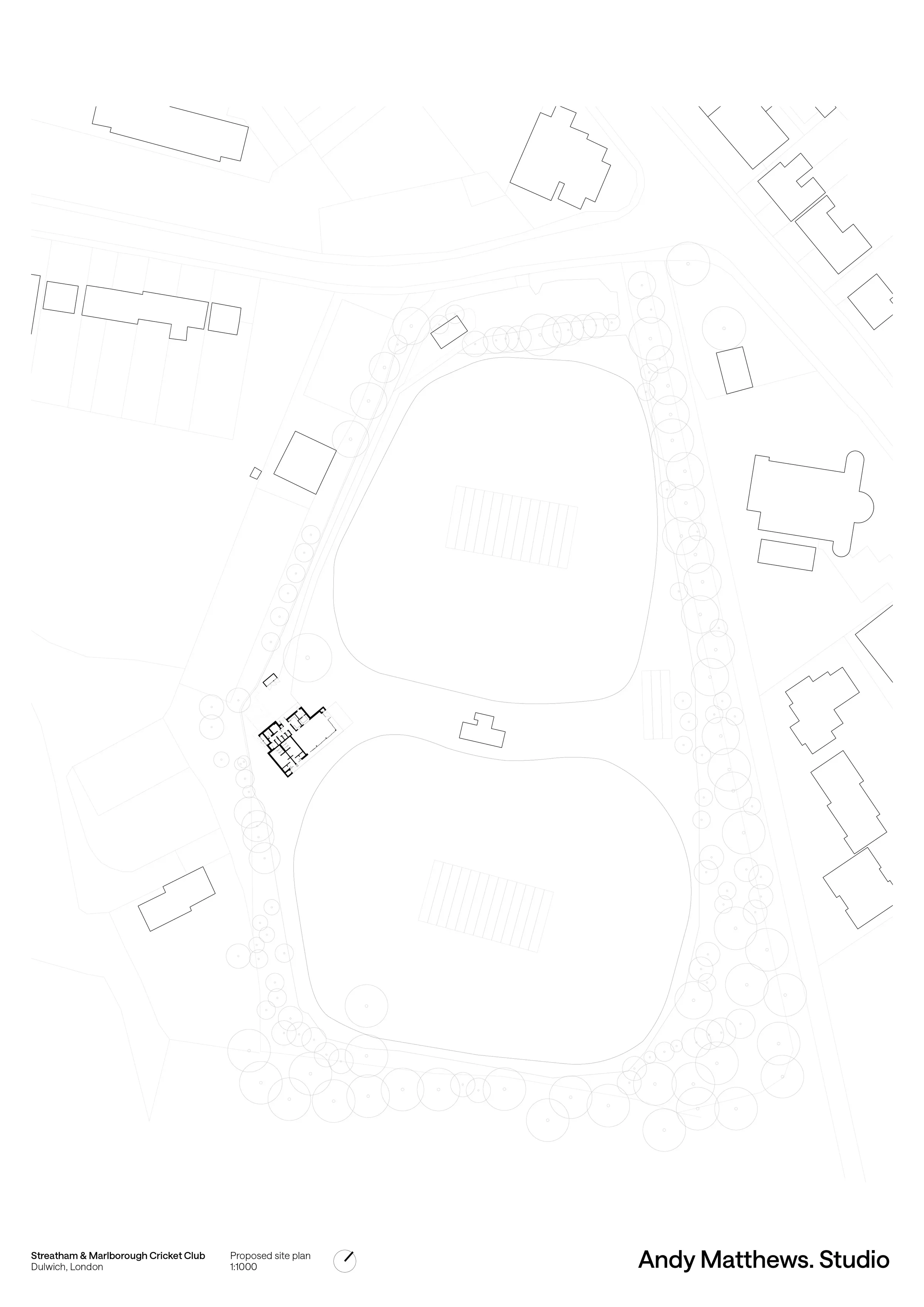 Site plan showing new pavilion within wider context and landscaping. © Andy Matthews Studio