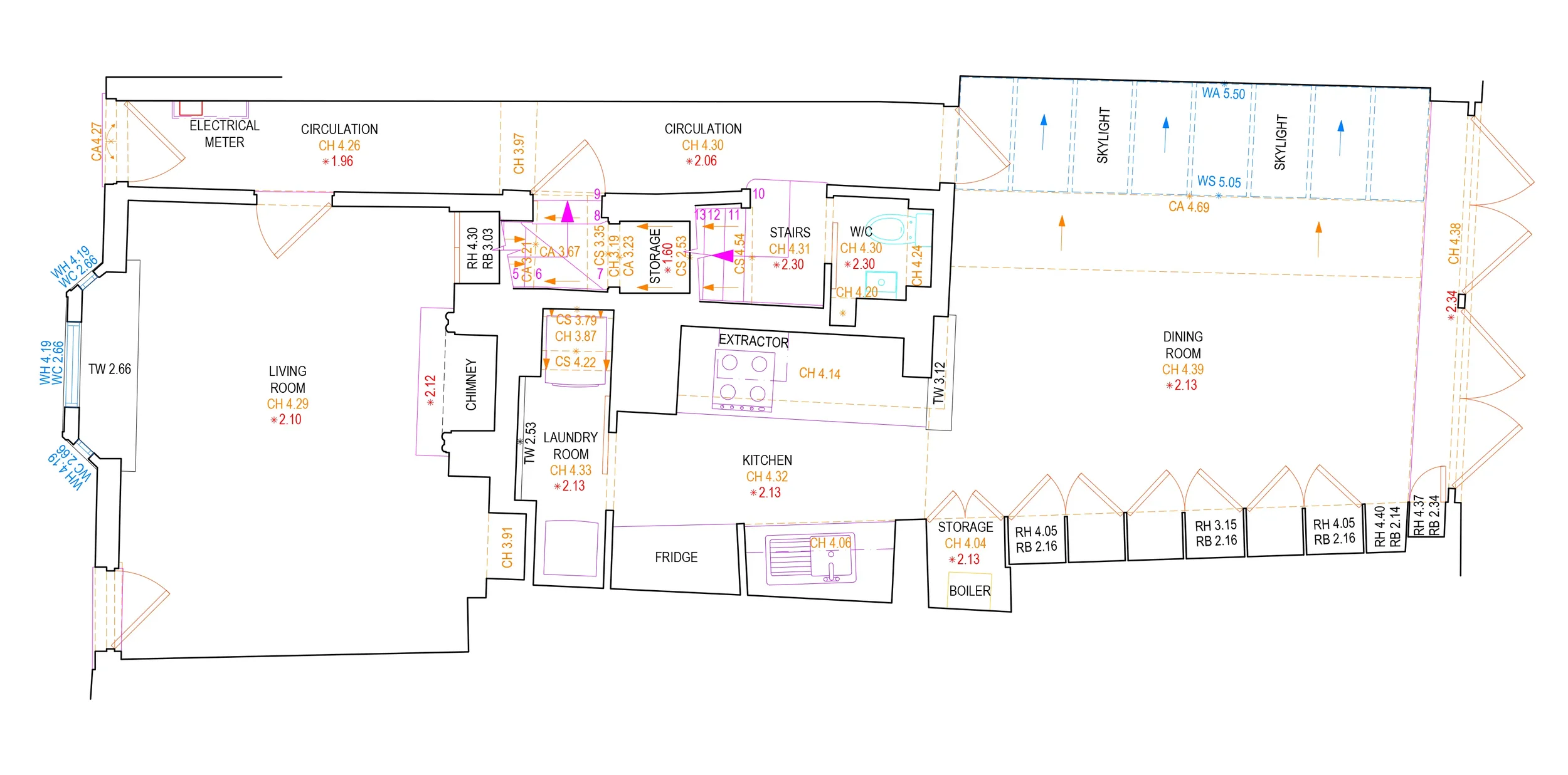 CAD plan of a historic property in London developed from a laser scan measured survey. The property is wonky and with few straight walls.
