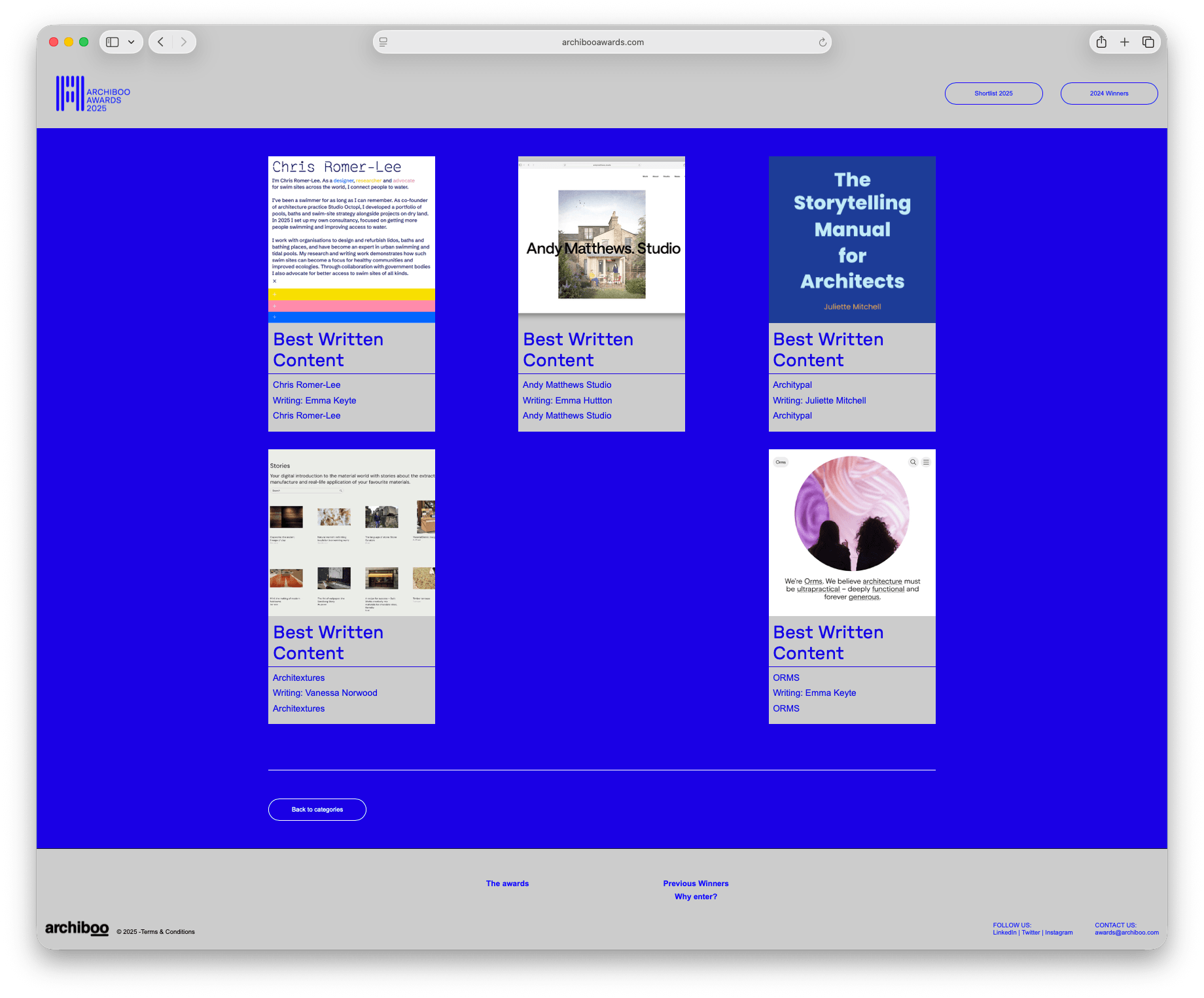Screenshot of browser window with grid of five shortlisted award entries on blue background.