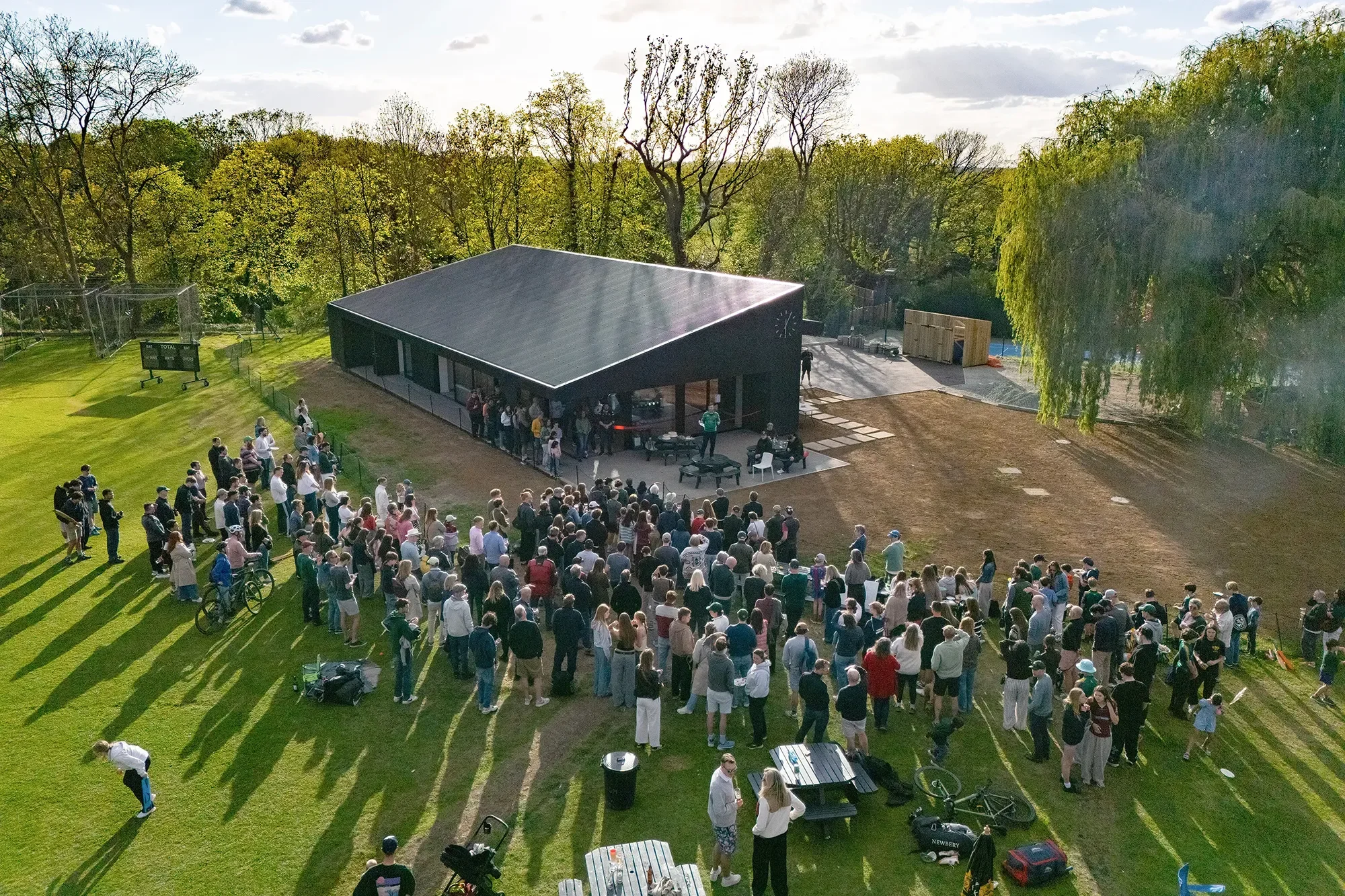 Aerial view of opening day the first game of cricket with the new pavilion © Streatham and Marlborough Cricket Club