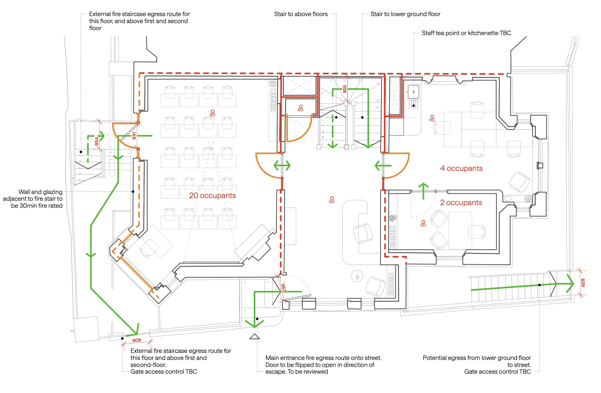 A extract from an early stage fire and means of escape drawing showing numbers of occupants, lines of protection, clear opening widths, and direction of travel.