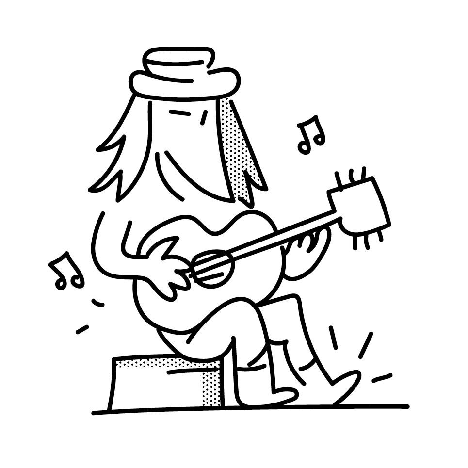 Illustration of values for architecture studio, cartoon person playing guitar illustrating creativity.