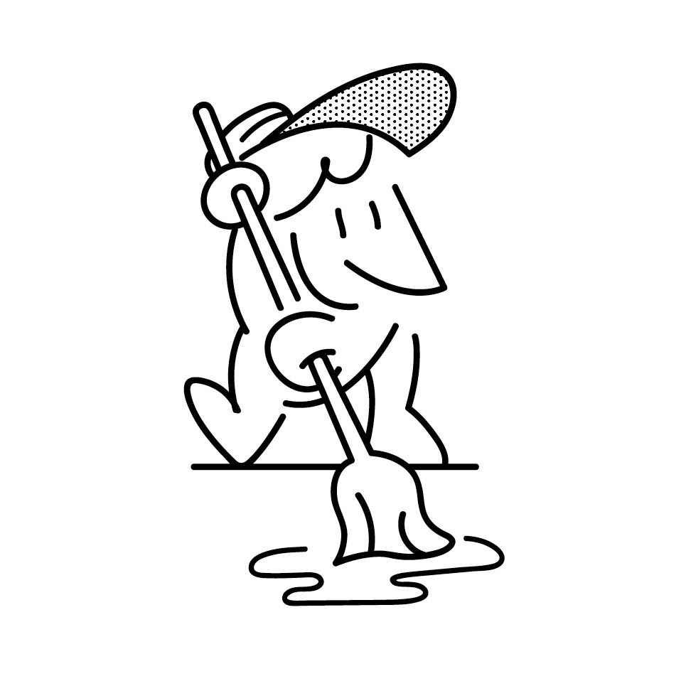 Illustration of values for architecture studio, cartoon person sweeping a floor illustrating own it as a value.