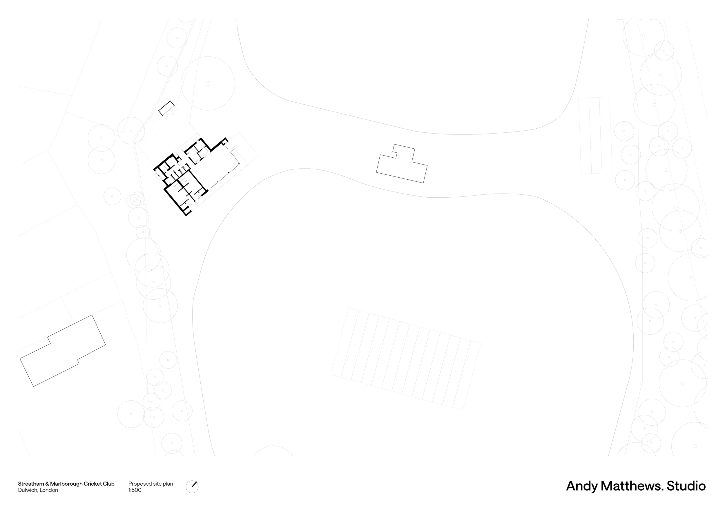 Site plan showing new pavilion and views from clubroom over both pitches. © Andy Matthews Studio