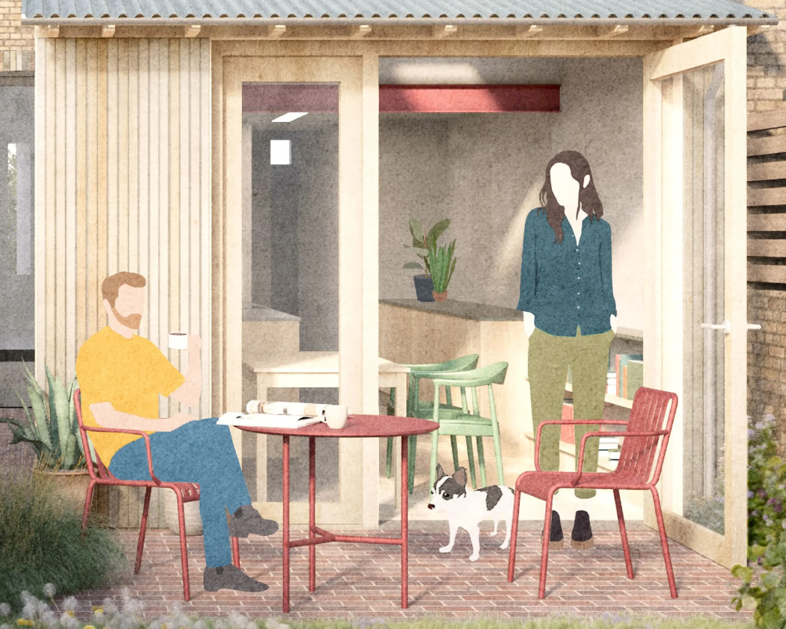 Crop of a collaged illustration from a domestic extension in Camberwell with a dog and couple in the foreground - Andy Matthews Studio