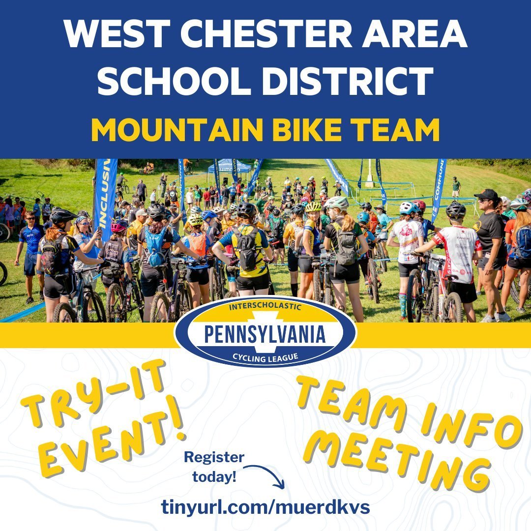 ⁠
For students entering grades 6 - 12 - come see what all the fun is about!⁠
⁠
Join the West Chester Area Mountain Bike Team for a fun Try-It Event and learn more during a team information meeting⁠.⁠
⁠
April 24 or May 9 we'll have all the info for fa