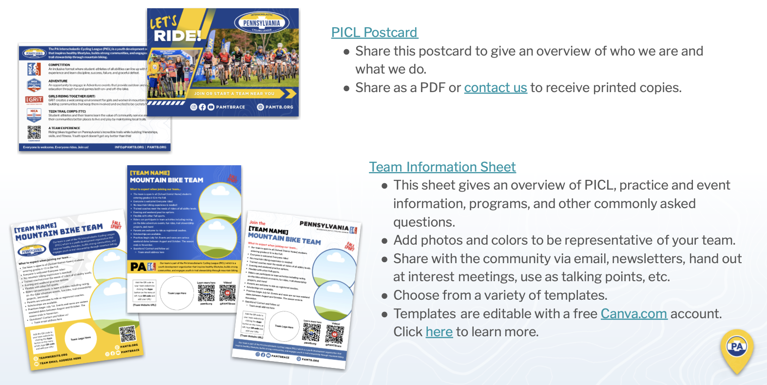 A digital flyer promoting Pennsylvania Bicycle League activities, including photos of a group of cyclists, team information sheets, and digital contact and social media details.