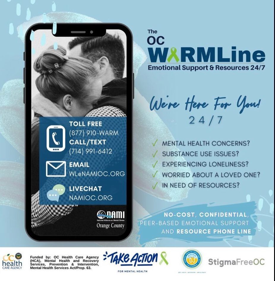 repost from @nami_oc 

The NAMI-OC Warmline is available 24/7 if you need emotional support and resources.

They are available through talk, text, and chat in multiple languages such as Vietnamese, Spanish, Farsi, and English!

#warmline #namiorangec