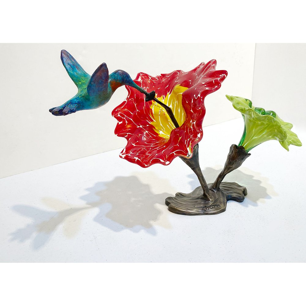 Hummingbird's Delight - limited edition bronze and blown glass