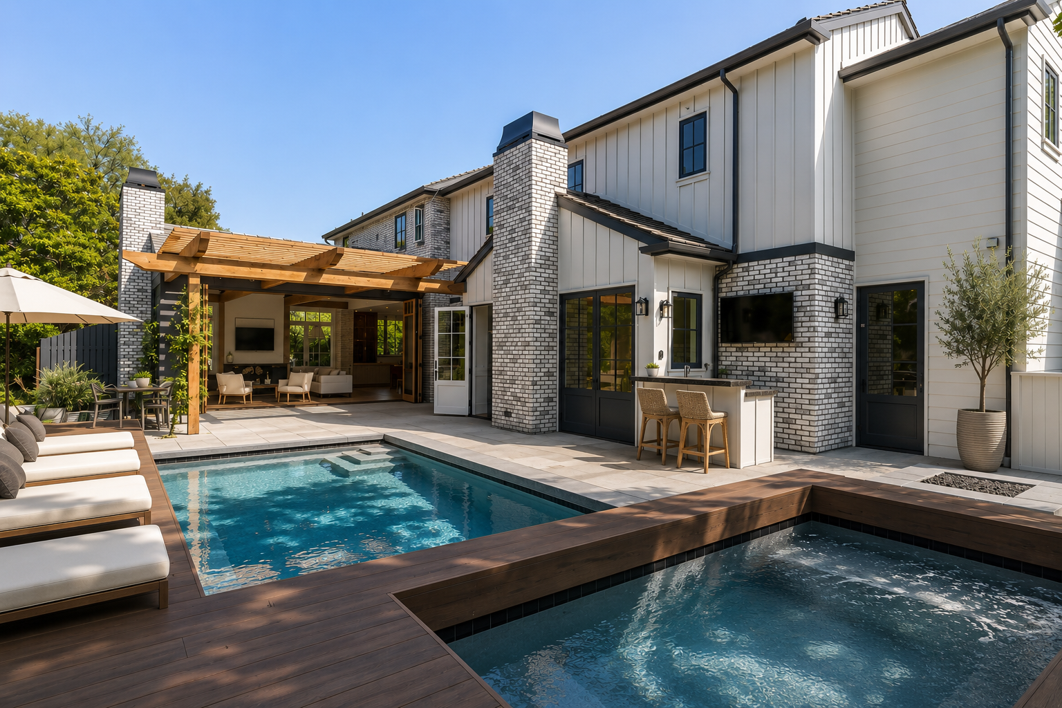 Modern backyard with a swimming pool, hot tub, outdoor seating, bar area, and a two-story house with white and brick exterior