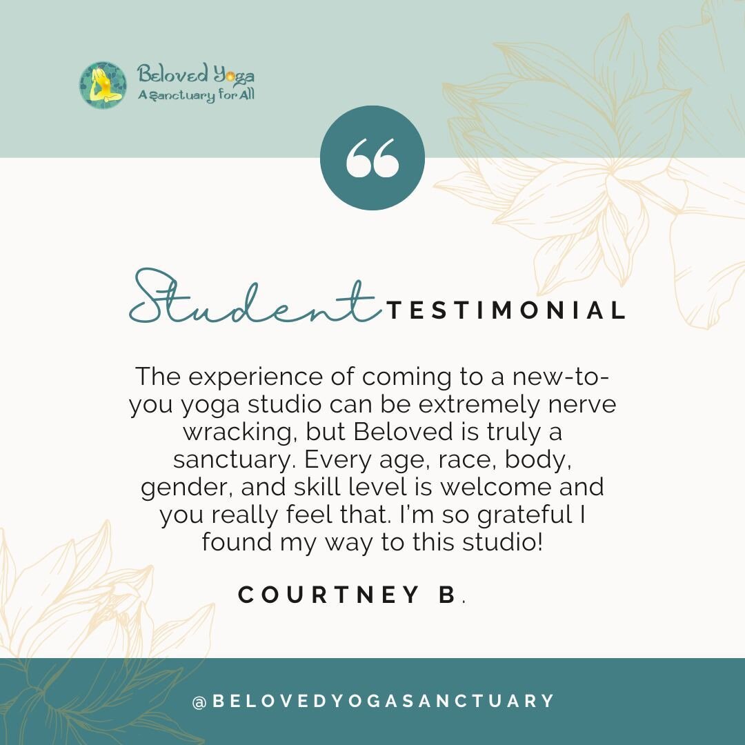 Thank you, Courtney, for sharing your kind words about your experience at Beloved Yoga. We're honored to be a sanctuary for all who practice with us 🧘