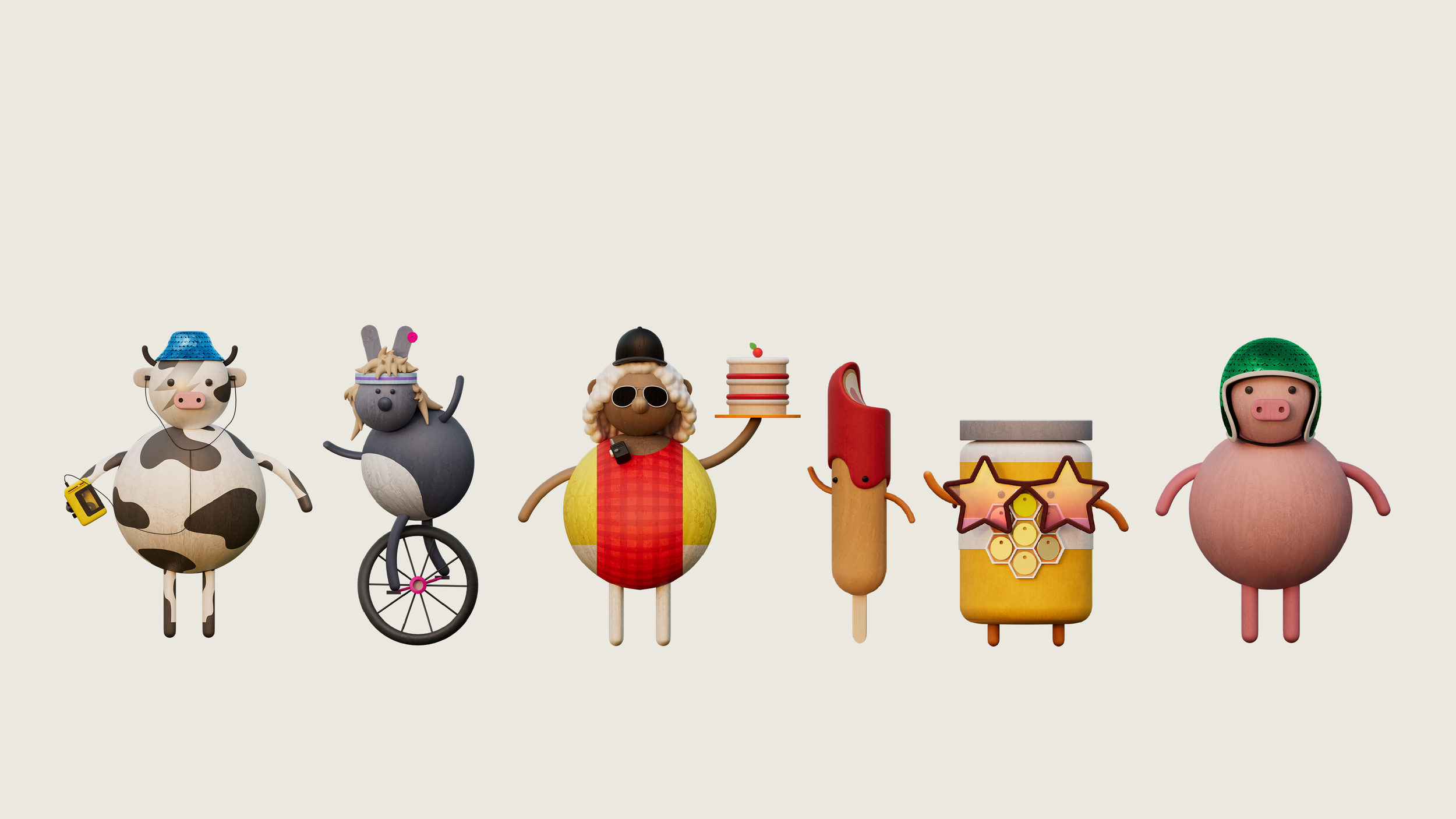 Six cartoon animal characters standing in a row on a plain background.