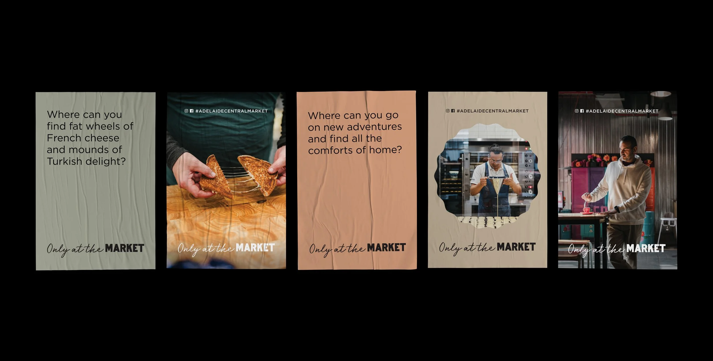 Series of five posters promoting a market with images of cheese, a person preparing toast, a baker, and a person working in a kitchen, each with text inviting to explore the market.