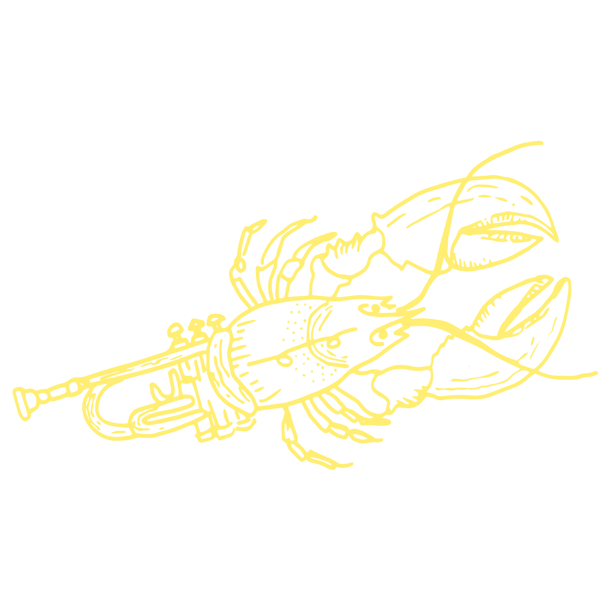 Outline drawing of a crawfish in yellow on a black background.