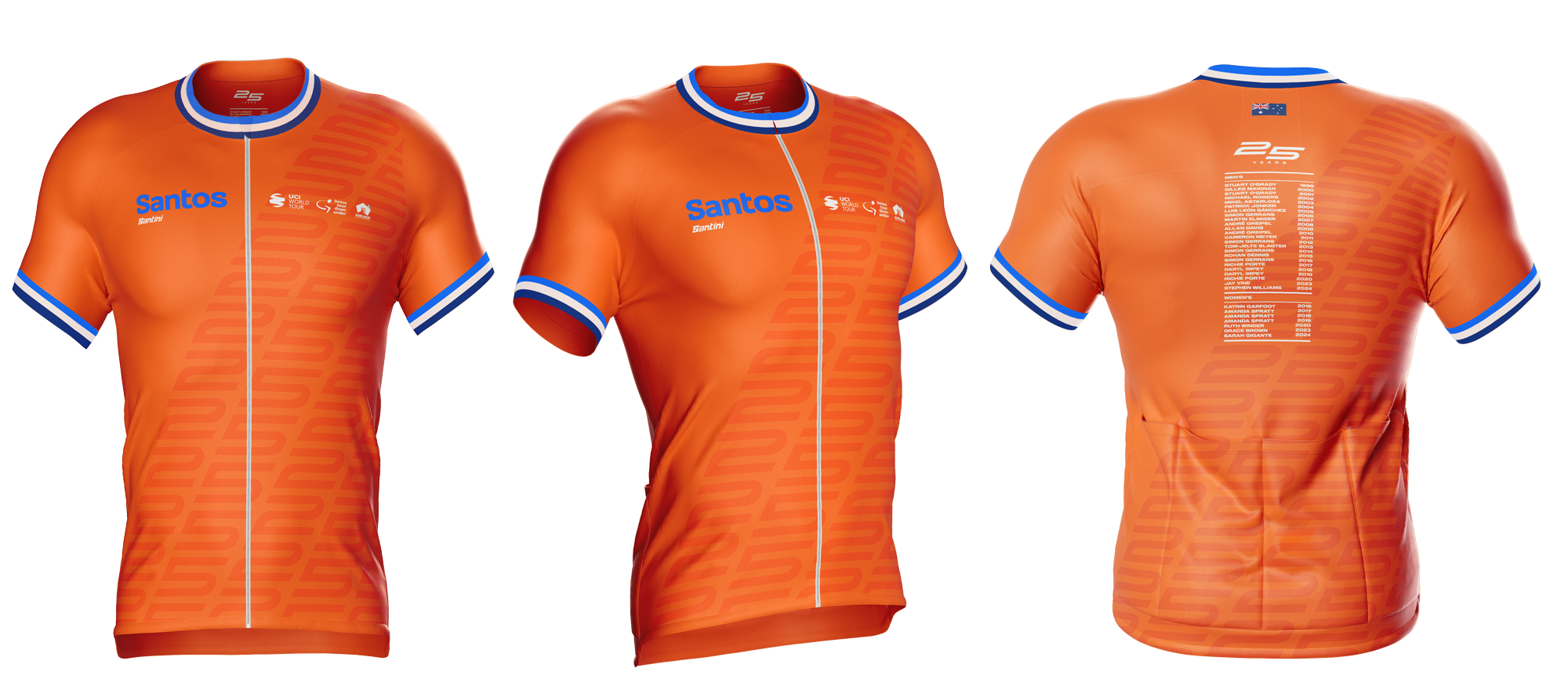 Orange cycling jersey with blue and white accents, featuring team sponsors and rider names, displayed from front and back views.