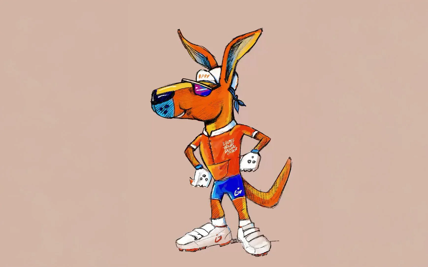 Animated kangaroo wearing sunglasses, a red sports jersey with the text 'SANTOS SURF PUNCH', blue shorts, white sneakers, and a white cap with colorful accents, standing confidently with hands on hips.