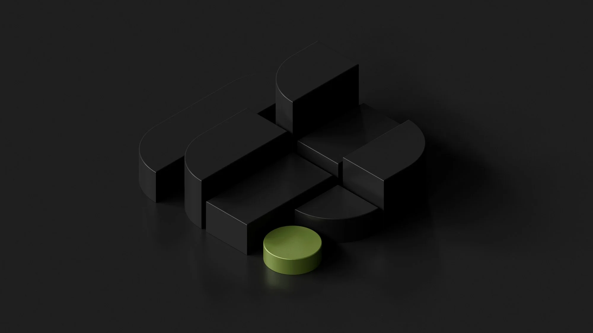 Abstract black and green geometric shapes on a dark background.