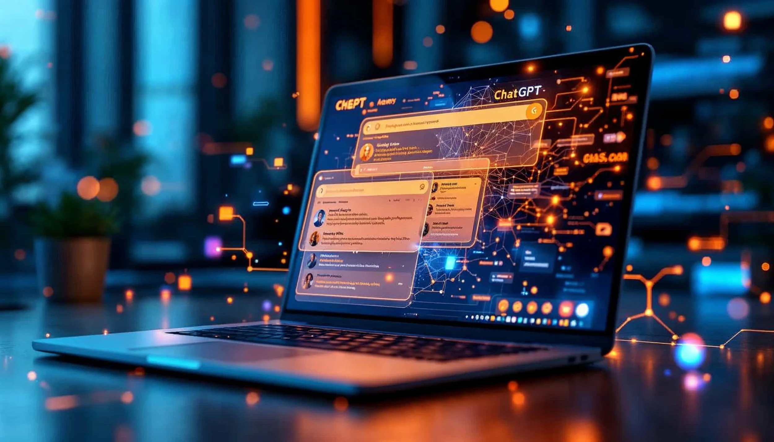 Laptop toont ChatGPT en AI zoekmachine interfaces met neural network elementen, concept van GEO optimalisatie voor AI-platforms