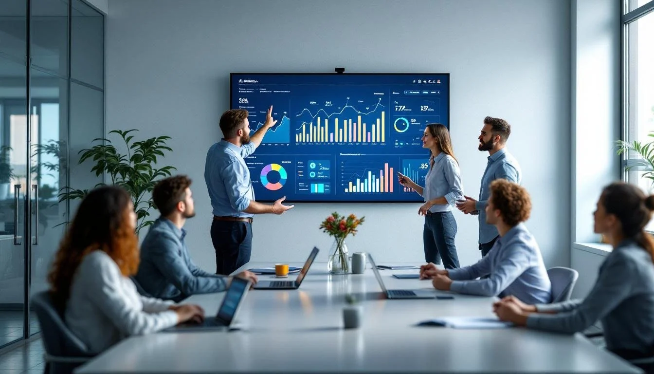 Marketing team discusses AI dashboard with real-time data and graphs during a strategic meeting in a modern conference room