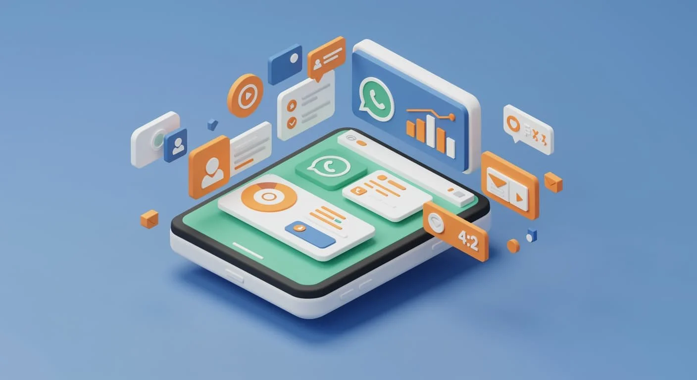 Isometric illustration of WhatsApp Business marketing on a smartphone with e-commerce elements and analytics