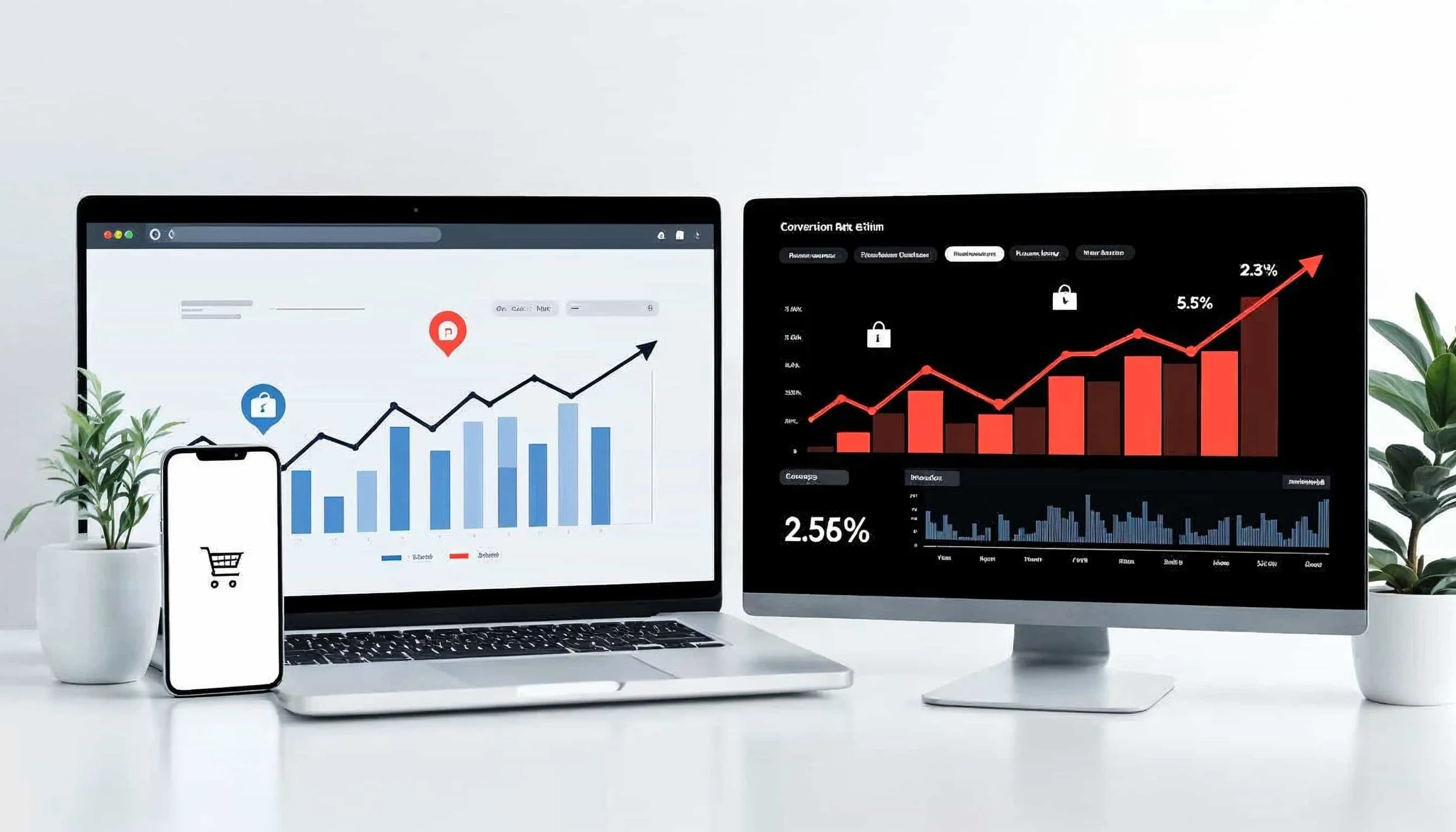 Professioneel e-commerce dashboard met conversie-optimalisatie, stijgende grafieken en mobiele checkout