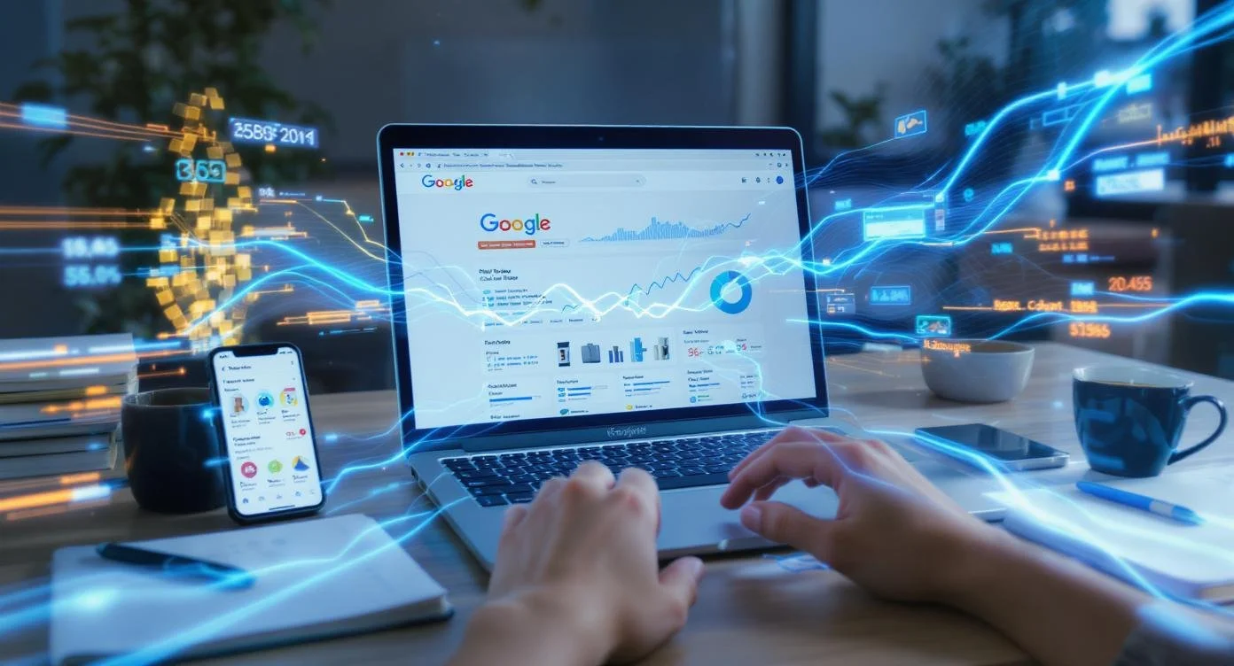 E-commerce SEO analytics dashboard op laptop met Google zoekresultaten en mobiele optimalisatie data, omgeven door digitale datavisualisaties