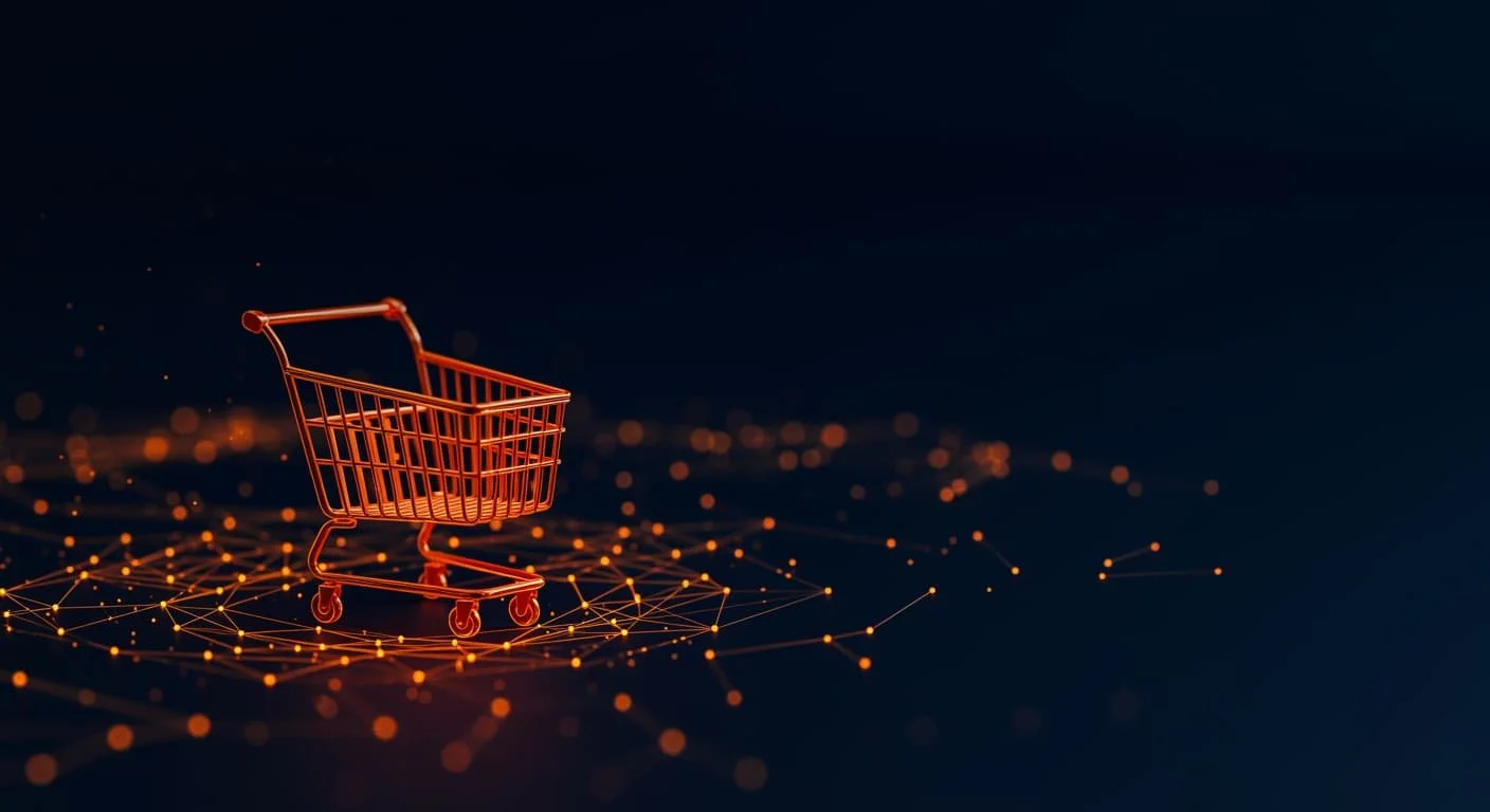 Orange shopping cart on an illuminated AI data network as a visualization of agentic commerce