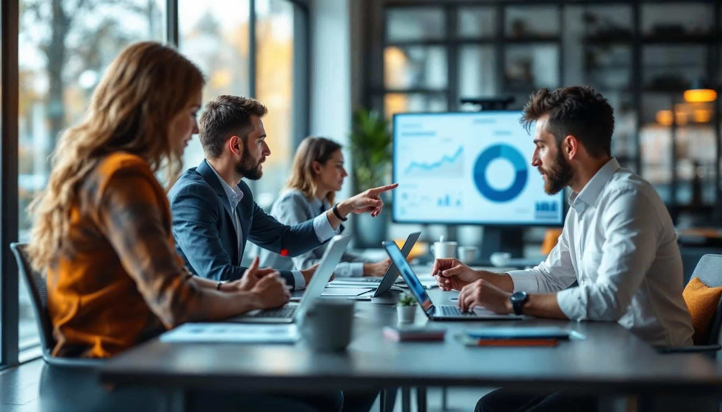 Team bespreekt digitale marketingstrategie met data-analyse op scherm tijdens overleg op kantoor