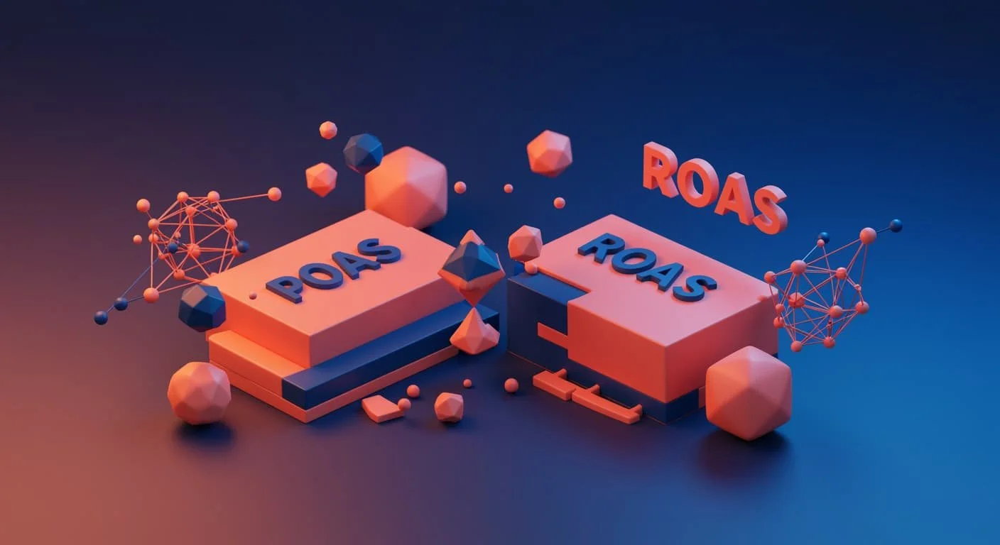 3D-illustratie van POAS en ROAS als blokken in een digitale omgeving, gebruikt als hero-afbeelding bij een artikel over winstgevend adverteren.