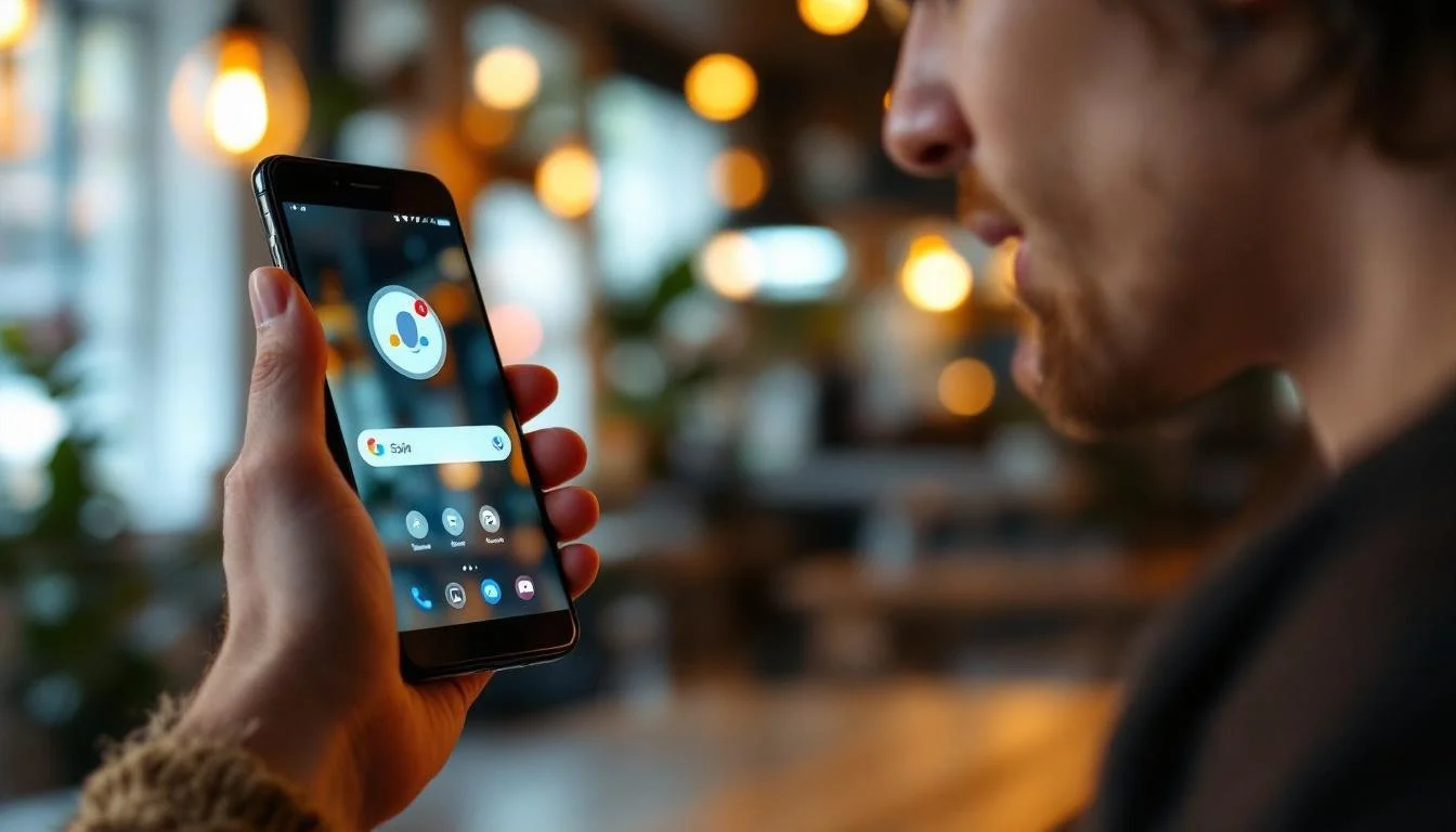 Person using Google Assistant voice search on smartphone, voice-controlled search in modern café setting