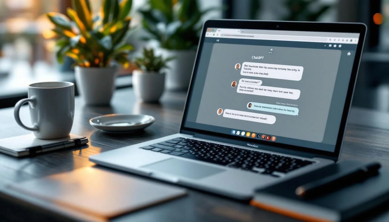 MacBook laptop op modern bureau toont ChatGPT conversatie interface, omringd door koffiemok, notitieboek en plant, warme verlichting, professionele werkplek voor het schrijven van effectieve AI prompts