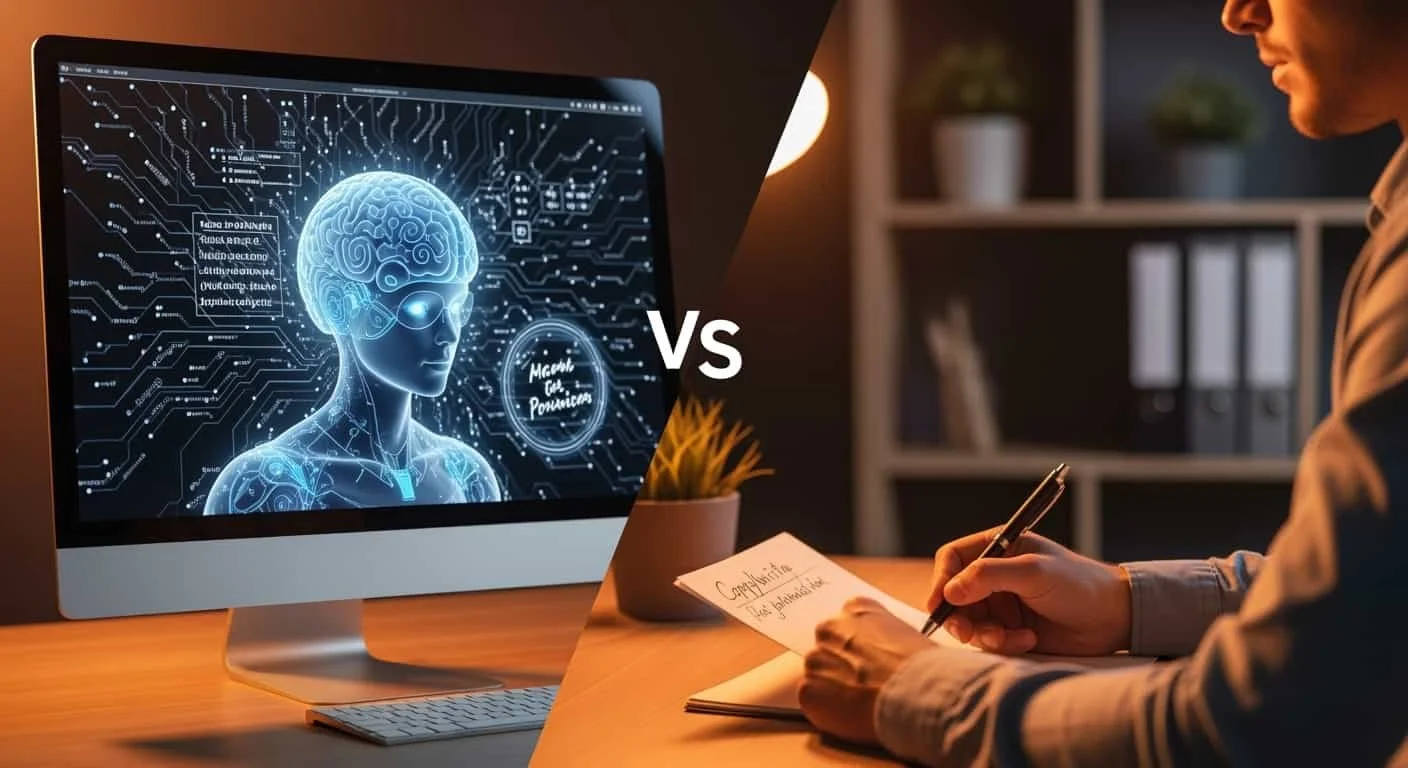 Conceptuele afbeelding van AI versus menselijke copywriting, robot en mens aan het schrijven, moderne werkplek setting