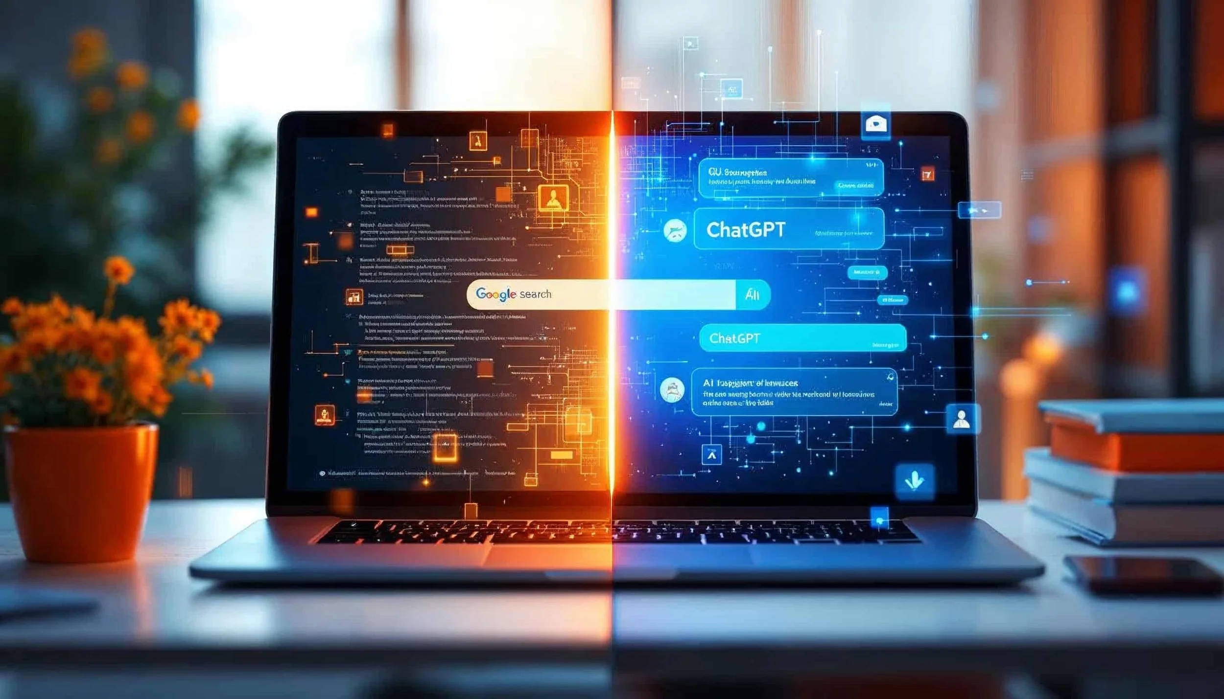 Laptop scherm toont split-screen vergelijking tussen Google zoekresultaten en ChatGPT AI interface concept van SEO evolutie naar GEO in 2025