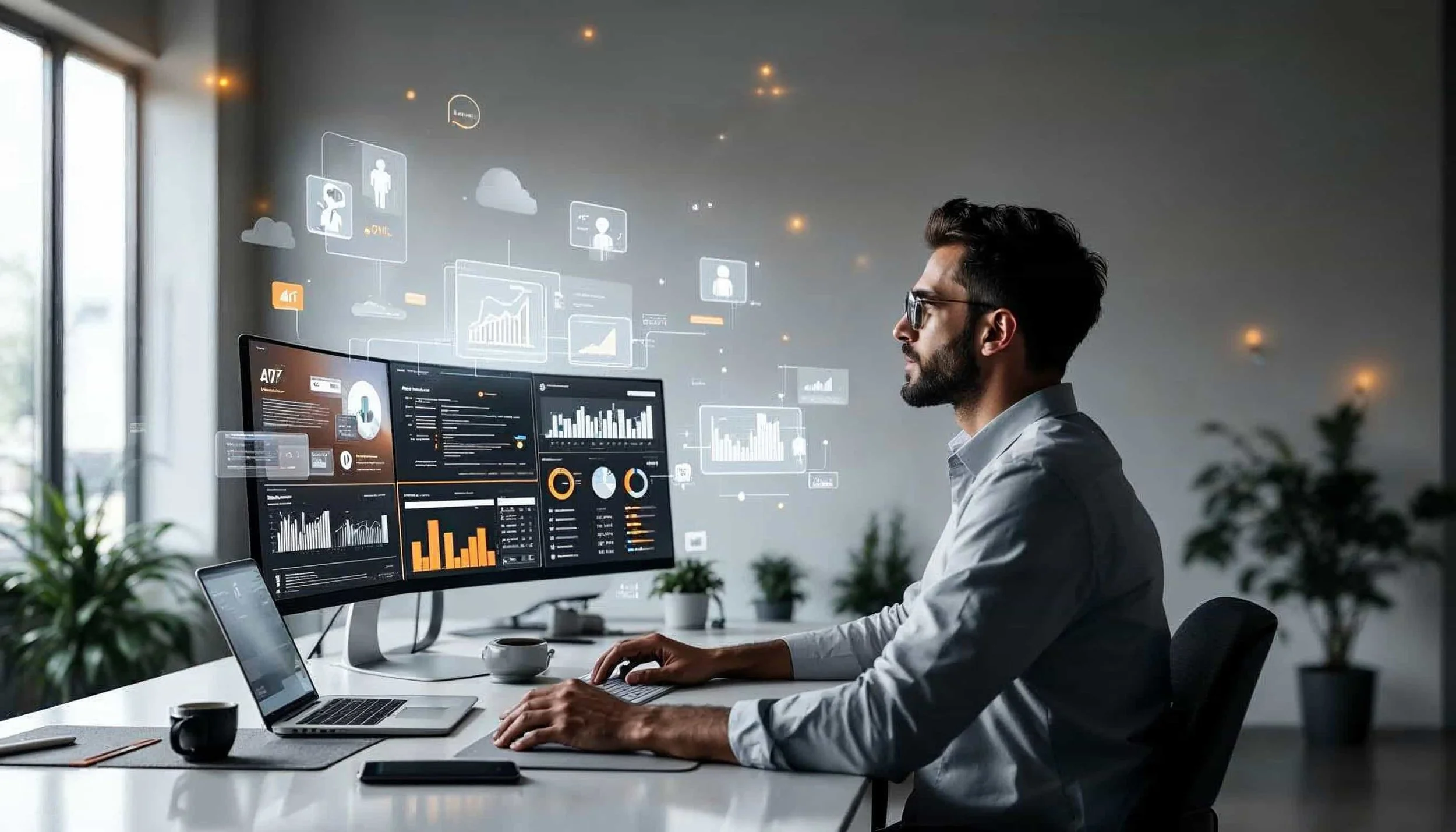 Professionele marketeer werkt met AI-marketing tools dashboard, analyseert data en automatiseert campagnes in moderne kantooromgeving