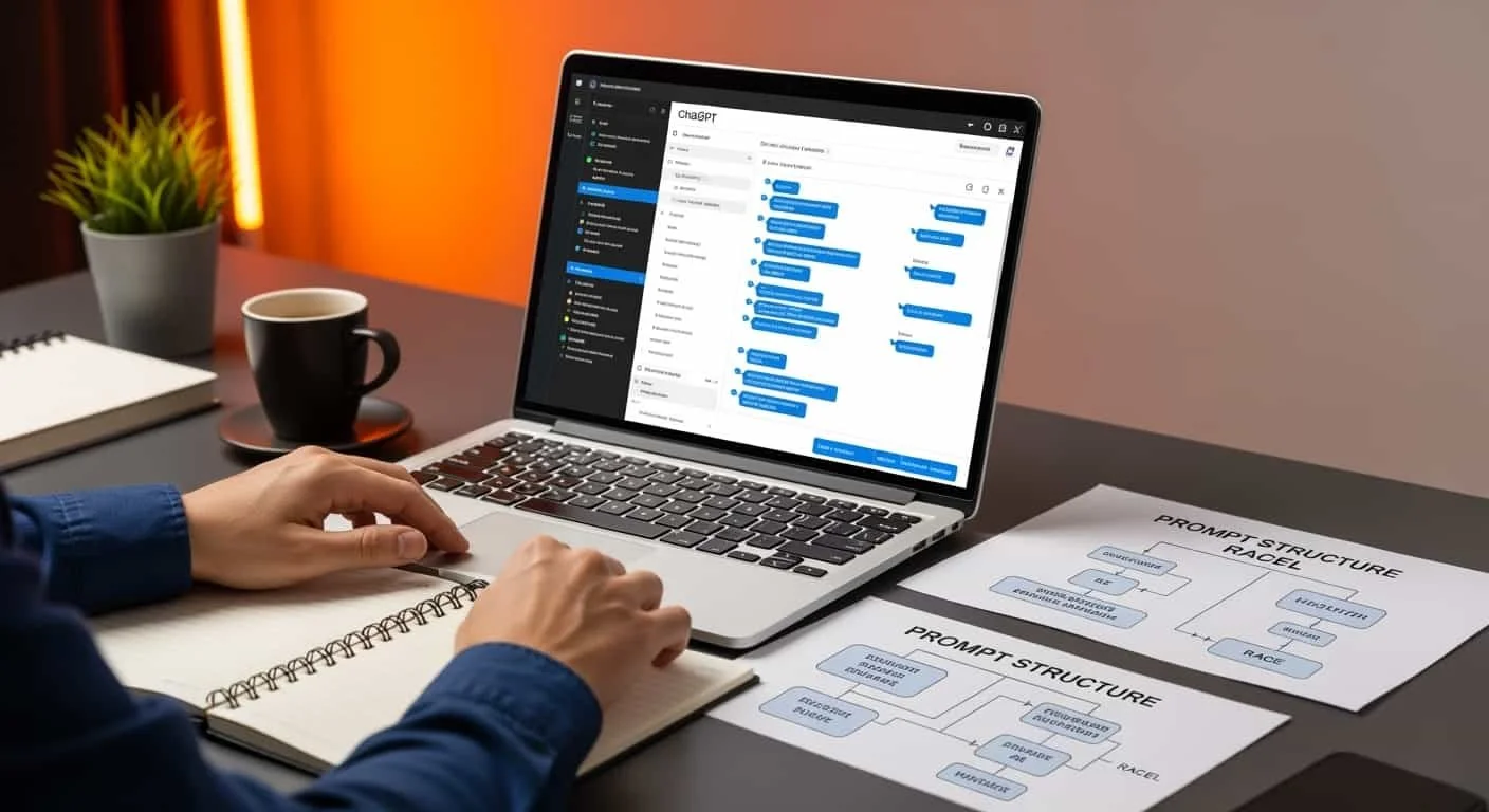 Professionele gebruiker werkt geconcentreerd met AI-tools en prompts op laptop