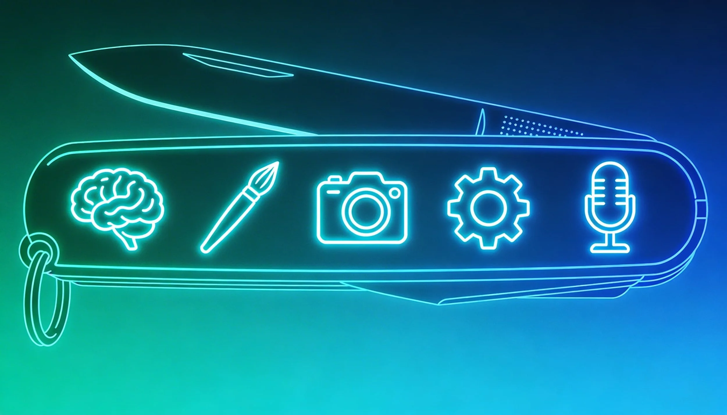 Neon outline van een zwitsers zakmes naast vijf glowende iconen voor AI-taken: hersenen, penseel, camera, tandwiel en microfoon op een donkerblauwe achtergrond