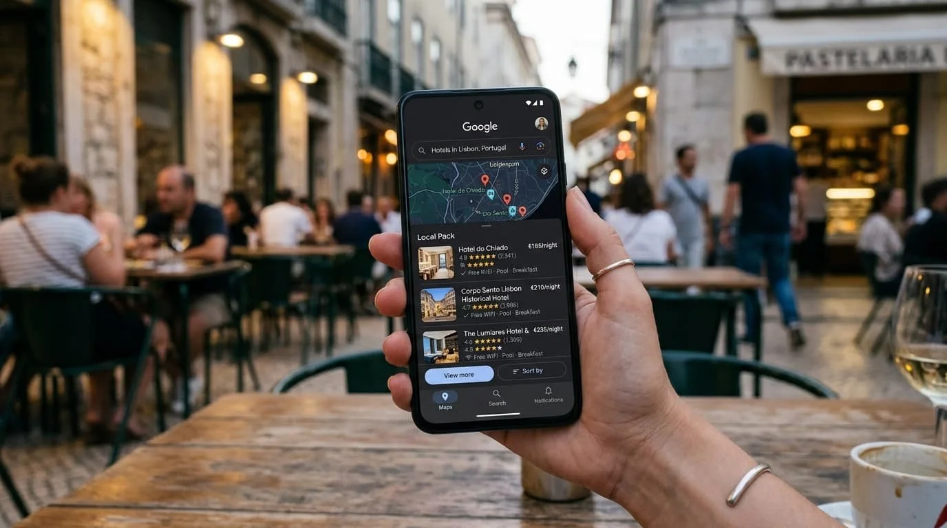 Smartphone met Google Local Pack met hotelresultaten in Lissabon, vastgehouden op een druk terras