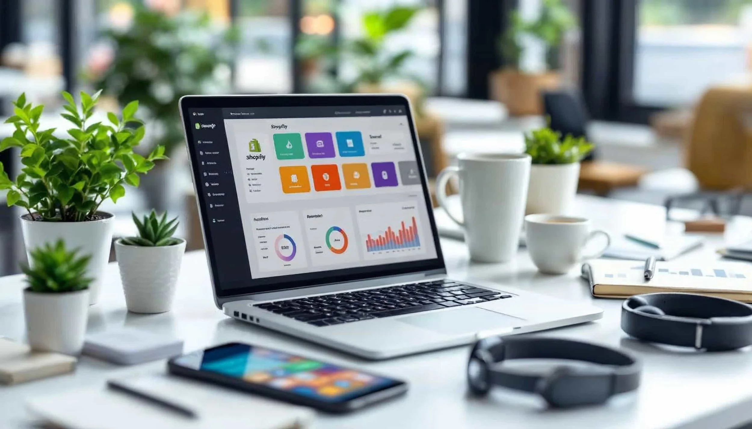 Shopify dashboard met kleurrijke app-iconen op laptop in moderne werkruimte met planten, koffie en smartphone, tonend e-commerce analytics en groeigrafieken