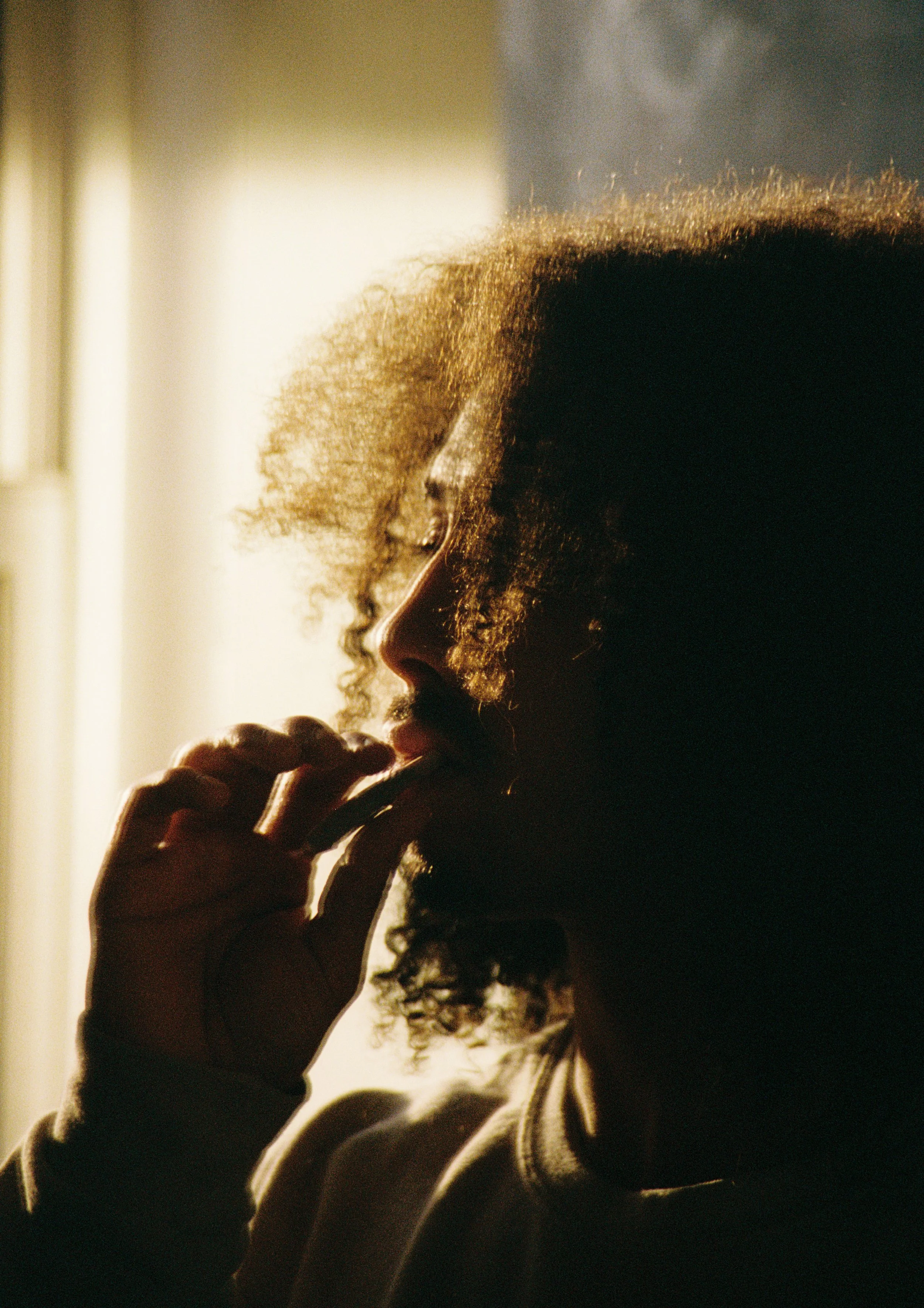 A man with curly hair in profile, holding a cigarette near his mouth, with sunlight illuminating his face and hair.
