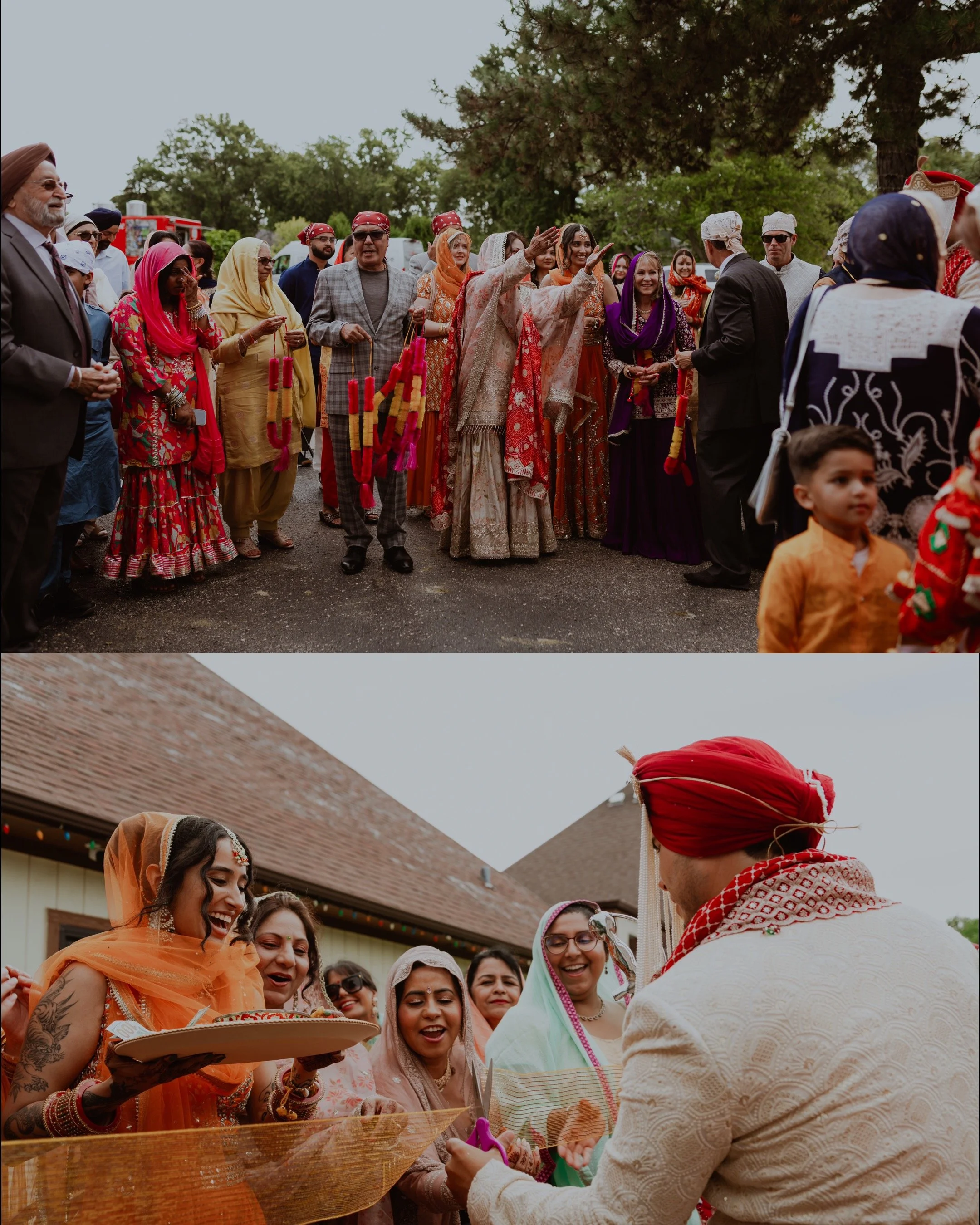 A traditional Indian wedding with guests dressed in colorful sarees and sherwanis, celebrating outdoors with flower garlands and a joyful atmosphere.