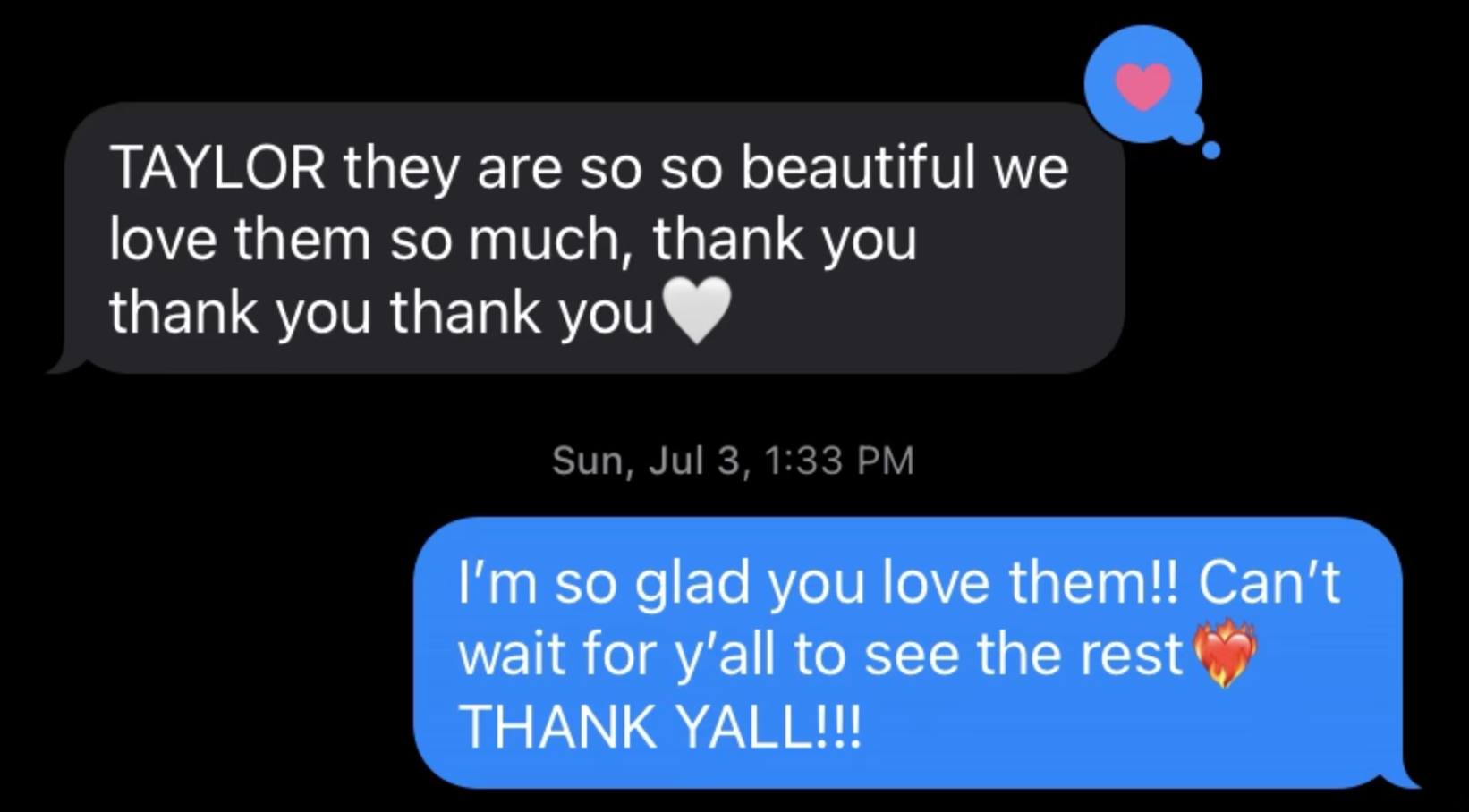 Text message exchange expressing gratitude for beautiful items, with heart emojis.