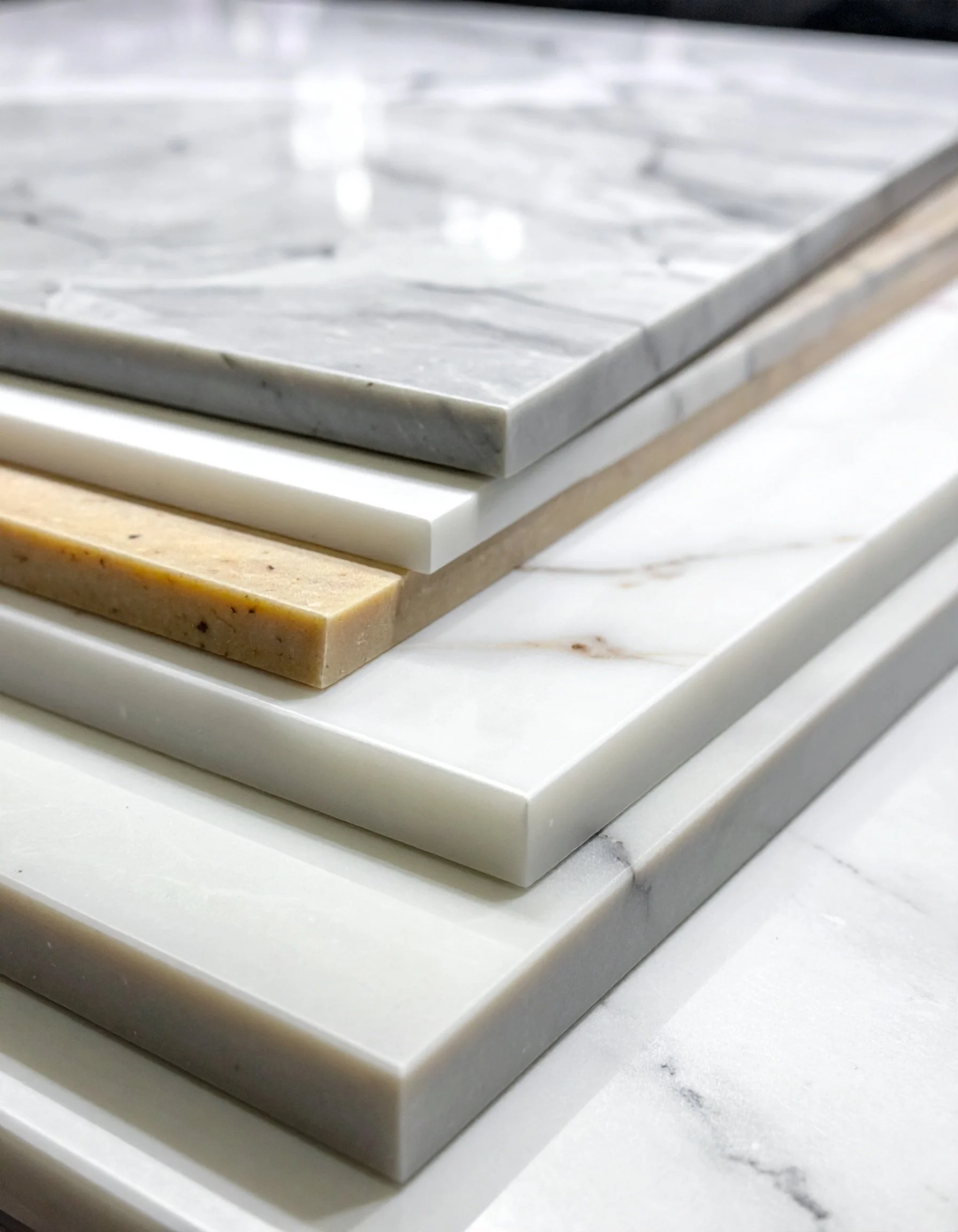A stack of six different marble countertop samples in various shades and patterns.