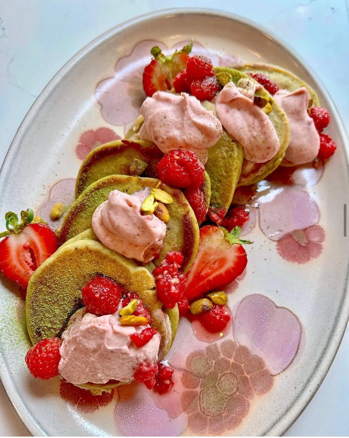 Matcha pancakes with hibiscus, coconut cream and a raspberry shrub compote... and other colorful moments
