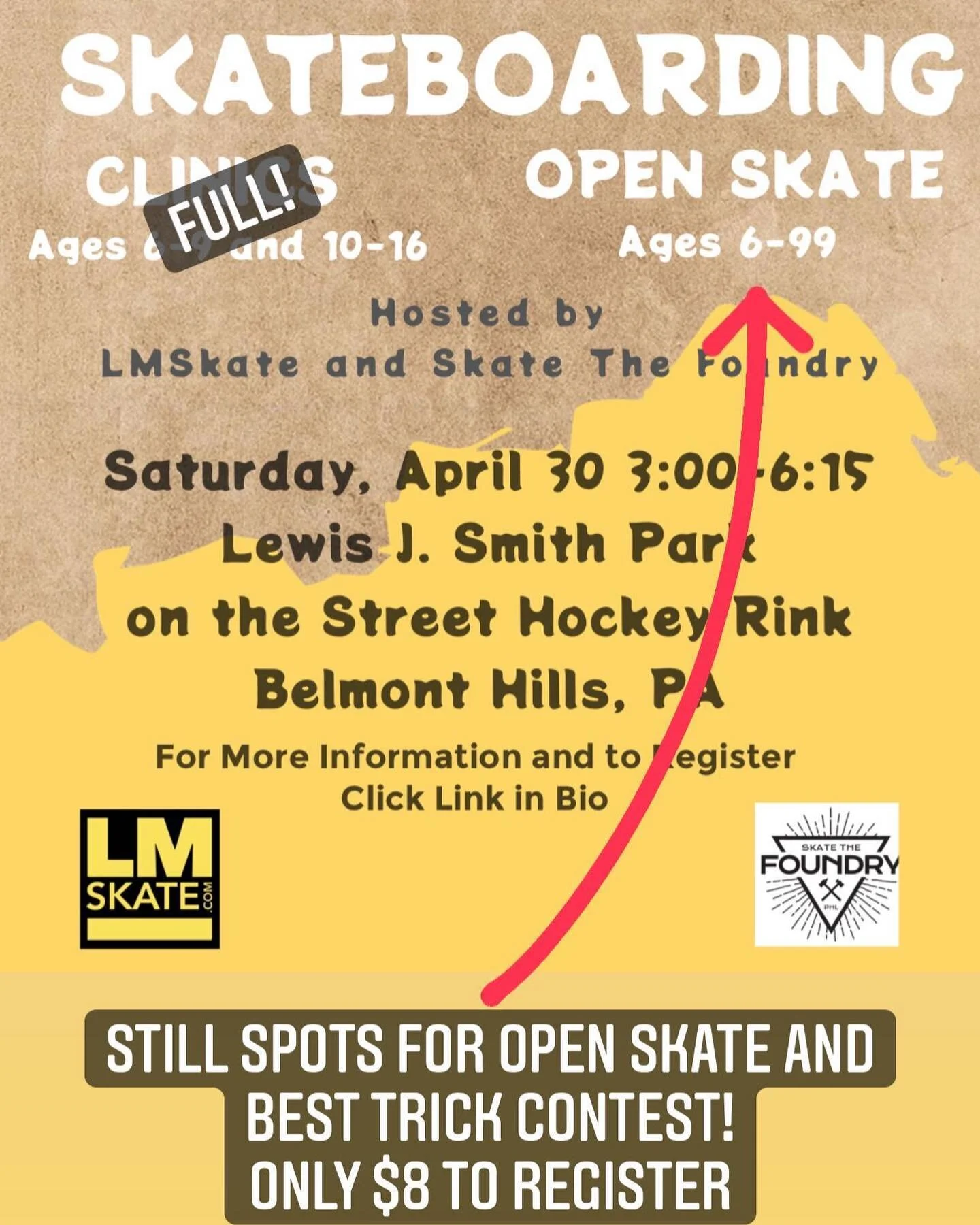 Still spots for Open Skate from 5:15-6:15pm! $8 to register! Best trick contest! Come and out and skate with us and @skatethefoundry this Saturday! There were be ramps and obstacles to skate on the hockey rink. Click the link in bio to secure your sp